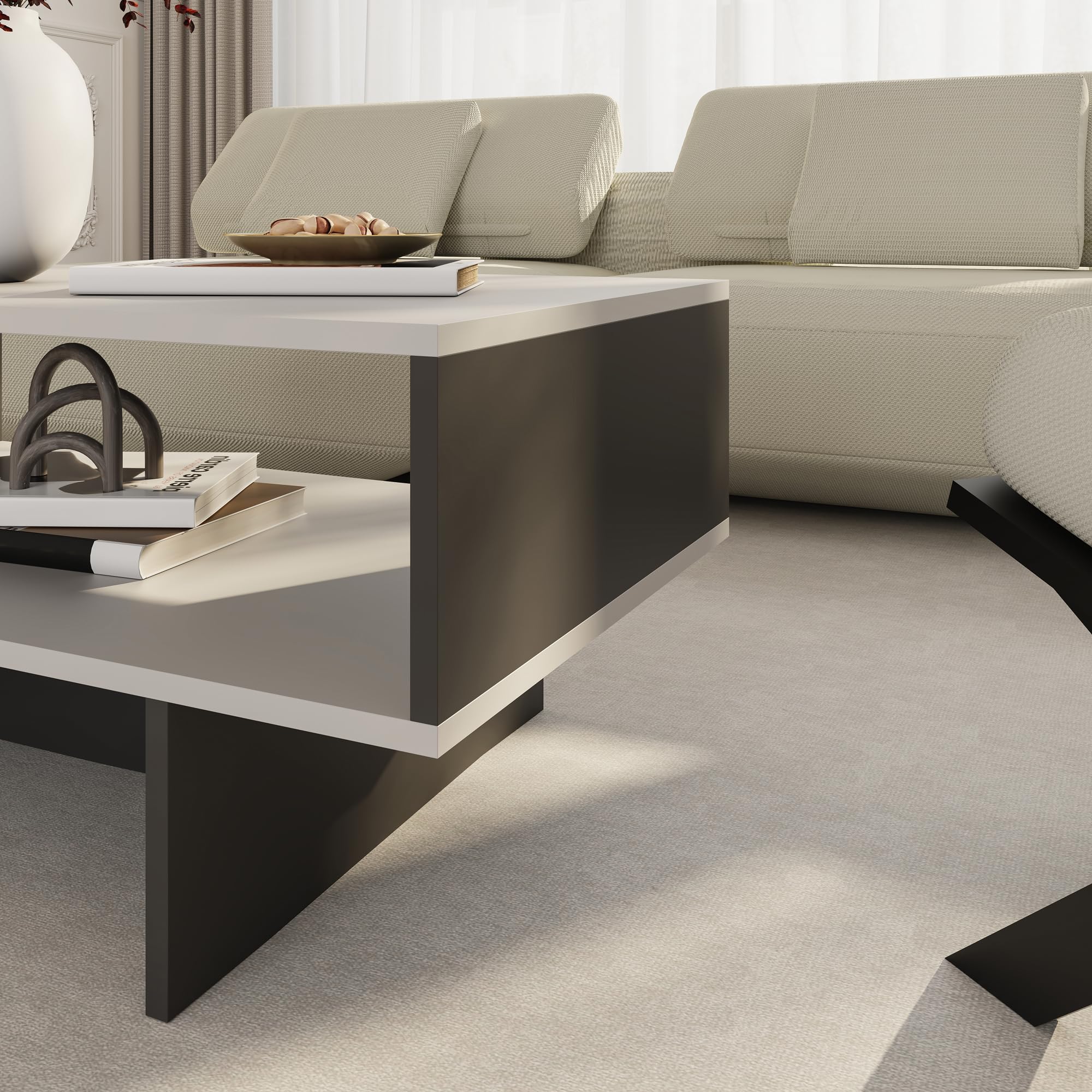[en.casa] Tavolino da Salotto (AxLxP): 36,4 x 80 x 45 cm Tavolino Basso da Divano Tavolino a 2 Piani di Appoggio Rettangolare - Bianco/Antracite
