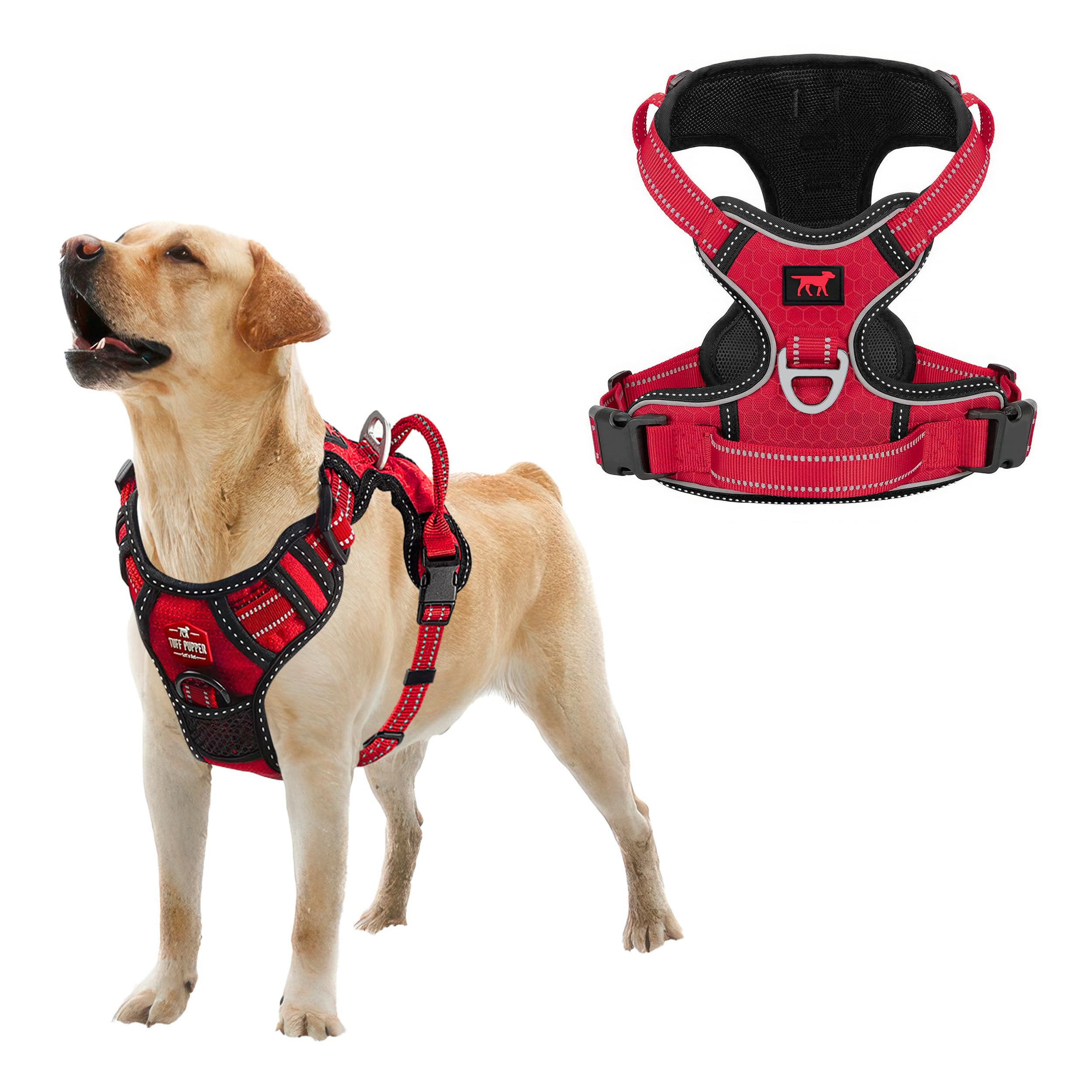 Tuff Pupper No Pull Easy Walk Dog Harness | Heavy Duty Pet Vest | Front & Back Leash Clips | Strong Safety Handle | Reflective Anti Pull Vest | Comfortable Padded Escape Proof Harness (Large, Red)