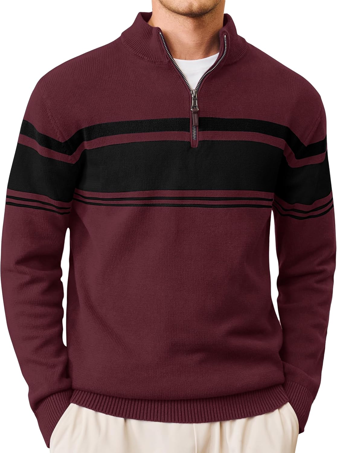 CRYSULLY Mens Sweater 1/4 Zip Cotton Polo Pullover Sweaters Casual Fall Winter Spring Striped Sweatshirts