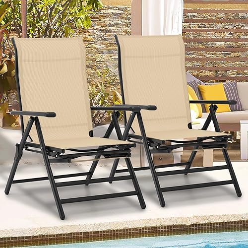 Miniatura 2 de Magshion Juego de 2 sillas plegables para patio al aire libre, sillas de comedor portátiles de gran tamaño con reposabrazos, silla de descanso con