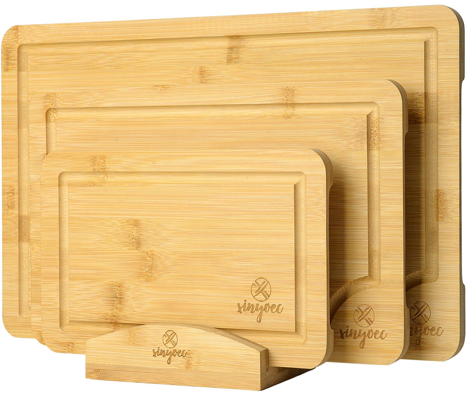 Juego de tablas de cortar de bambú para cocina, juego de 3 tablas de cortar con ranura y estante para tabla de cortar, ideal para cortar carne, verduras, frutas, queso