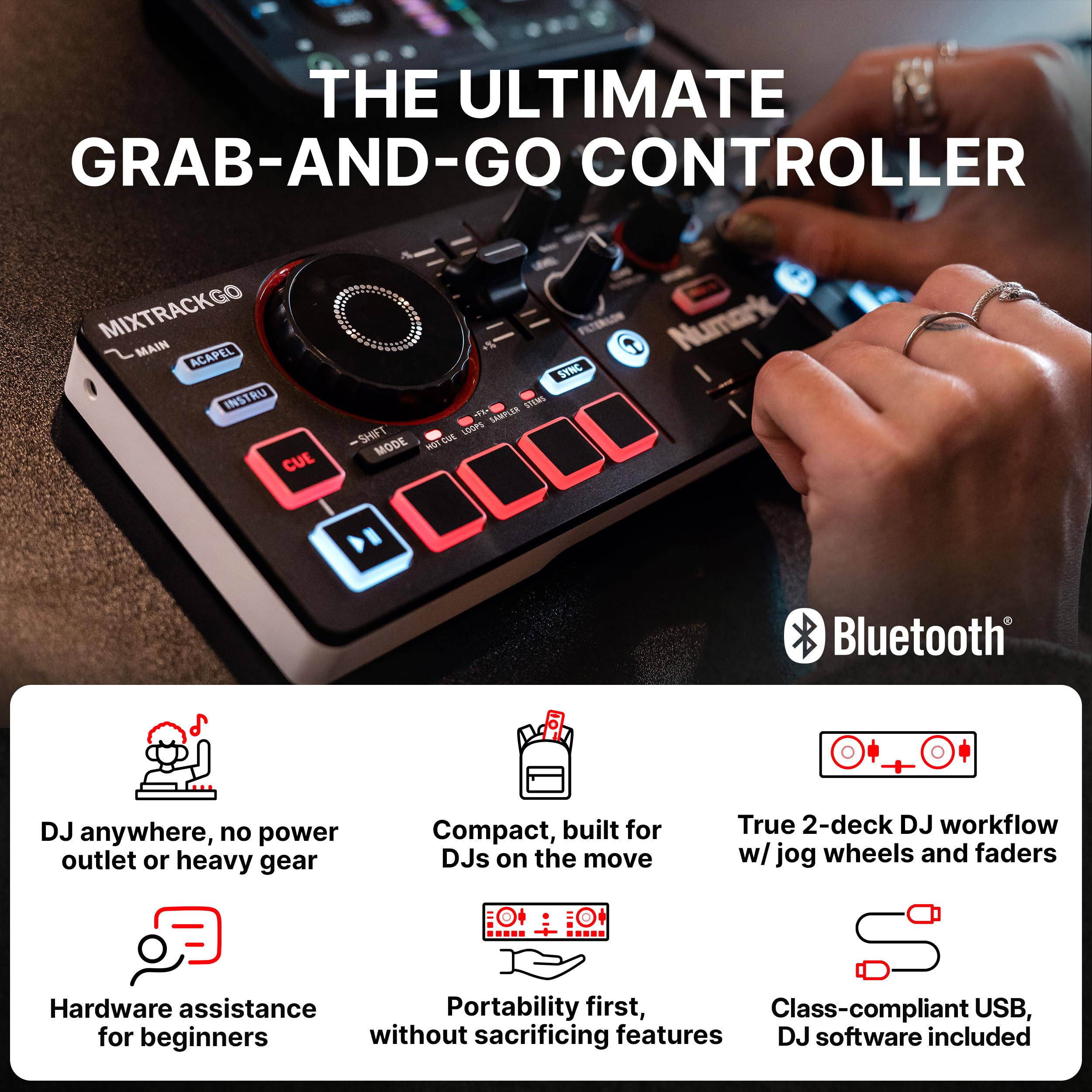 Numark MixTrack Go Kompaktowy Kontroler DJ Bluetooth z Funkcją Stems | 2-Deck Mikser DJ dla Początkujących i Mobilnych, Smart Fader, Beat Assist, USB-C, Serato DJ Lite & Algoriddim djay, Gen 4