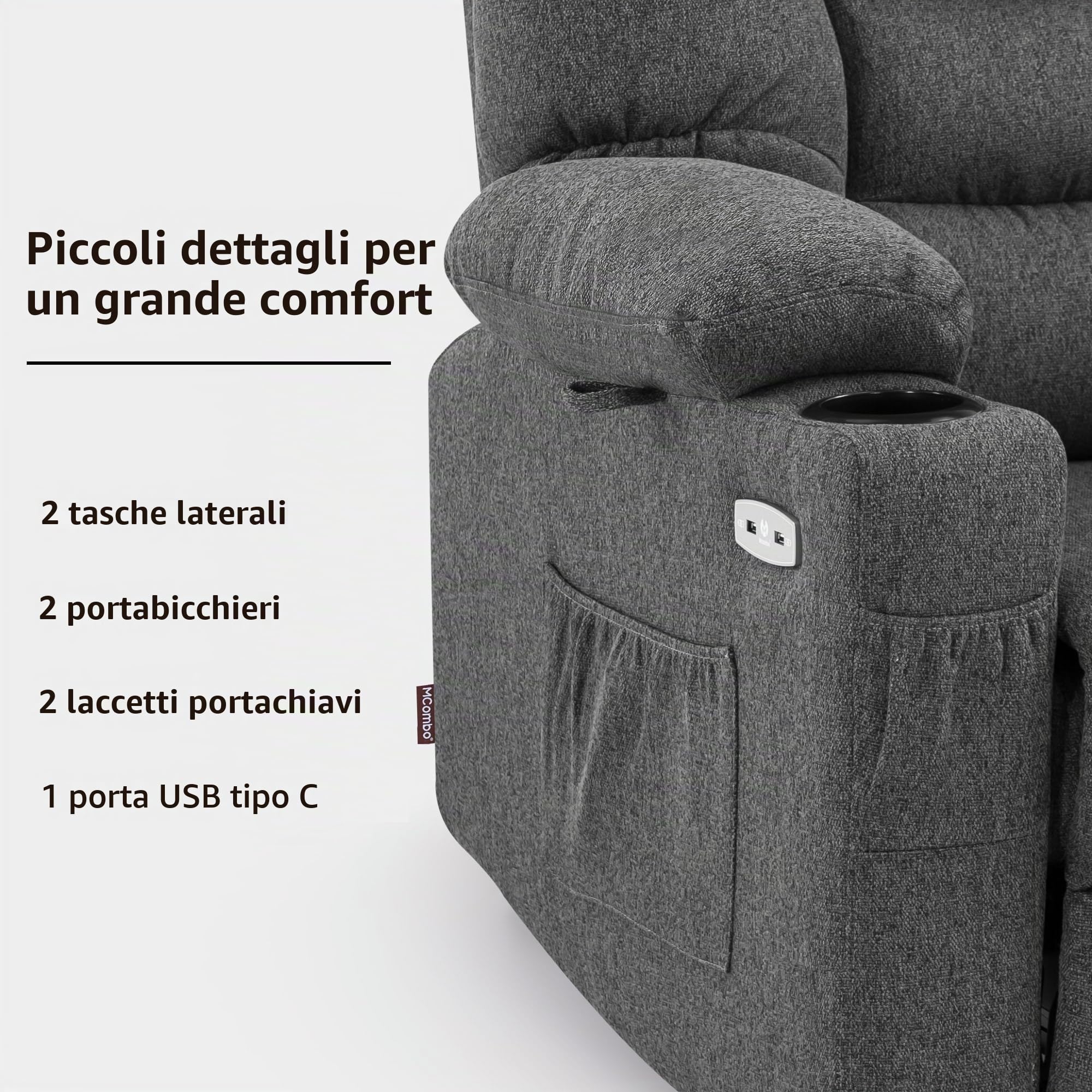 MCombo M poltrona elettrica con 3 motori, schienale e poggiapiedi regolabili, funzione di relax e reclinazione fino a 170°, Testa regolabile 7550 (Grigio)