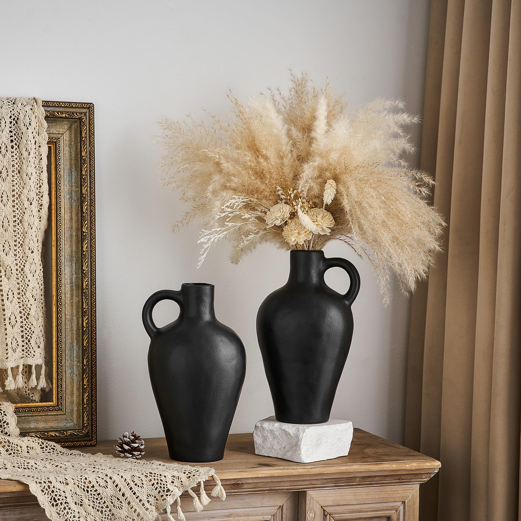Keramik Vase Schwarz Dekor Rustikale Bauernhaus Vasen für Home Decor Modern Blumen Vase Schwarz Matt für Regal Tabelle Aesthetic Tafel Tafelaufsatz Dekorationen (Schwarze)