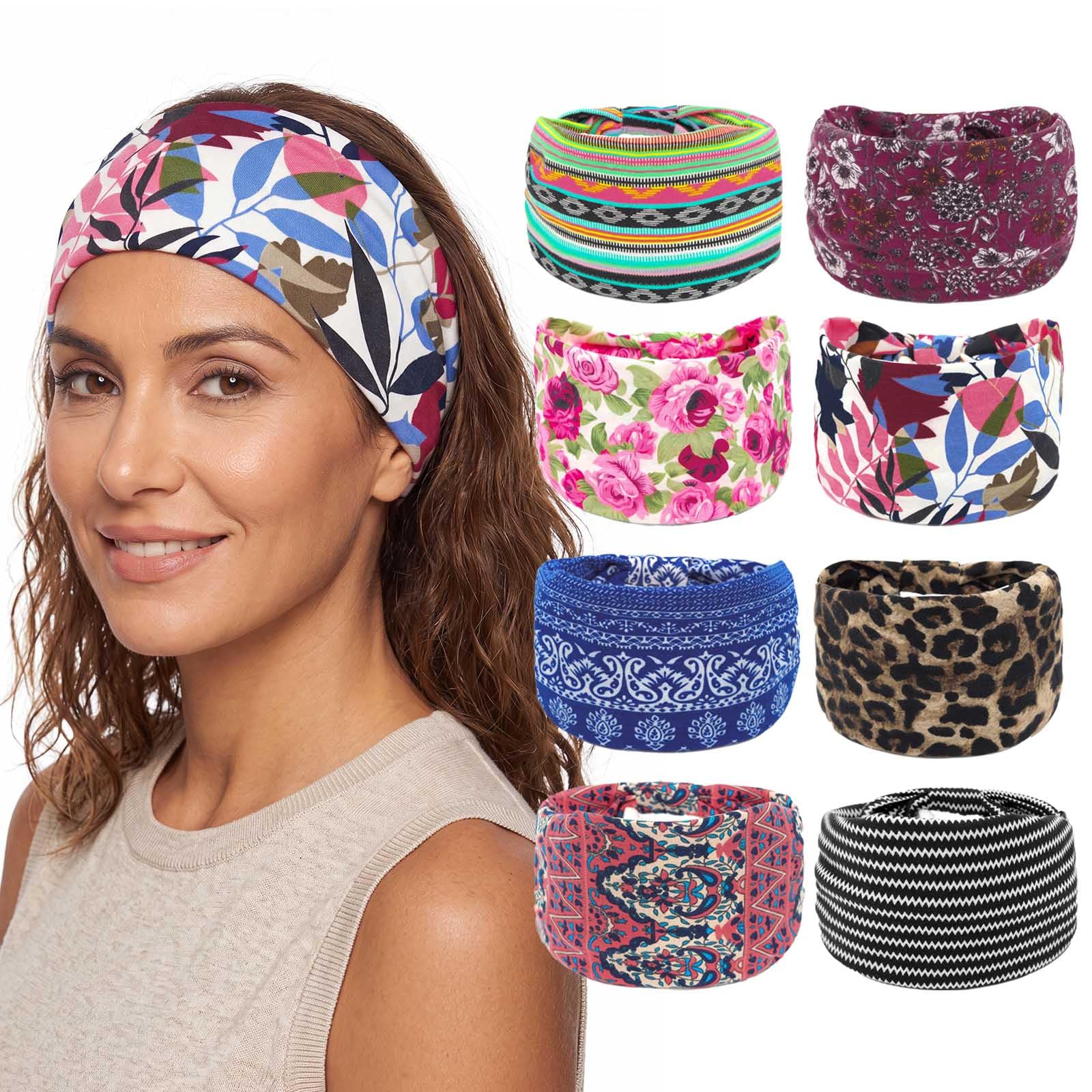 Bohend Boho Fasion Stirnband, breit, dehnbar, für den täglichen Gebrauch, Kopfbedeckung, Sport, Yoga, Fitnessstudio, Strand, Haarzubehör für Frauen und Grils, 8 Stück