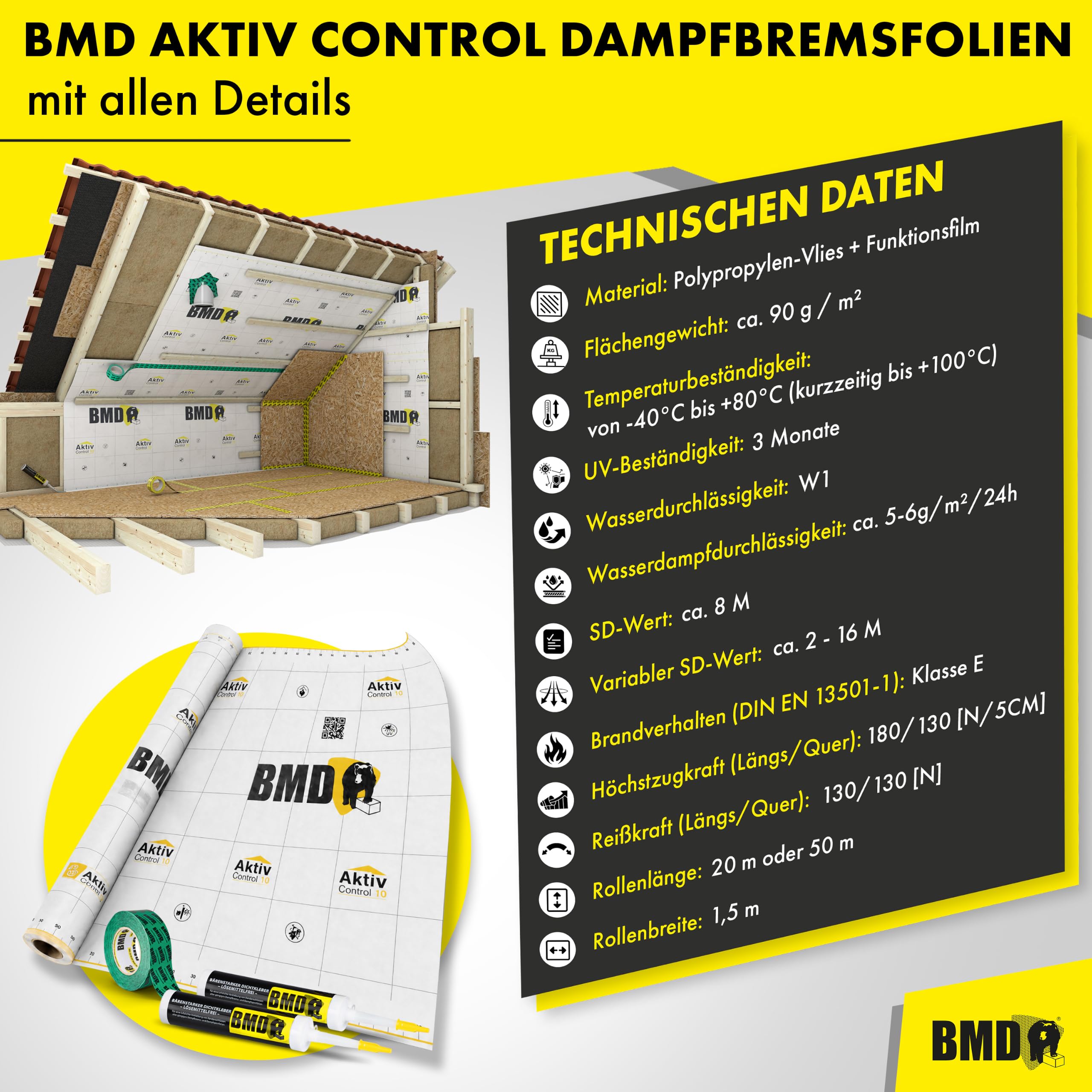 BMD Aktiv Control Dampfbremse | 1,5m x 20m | 30 m² | diffusionsfähige Dampfbremsfolie | gemäß DIN 4108 und ENEV | Neubau | Sanierung