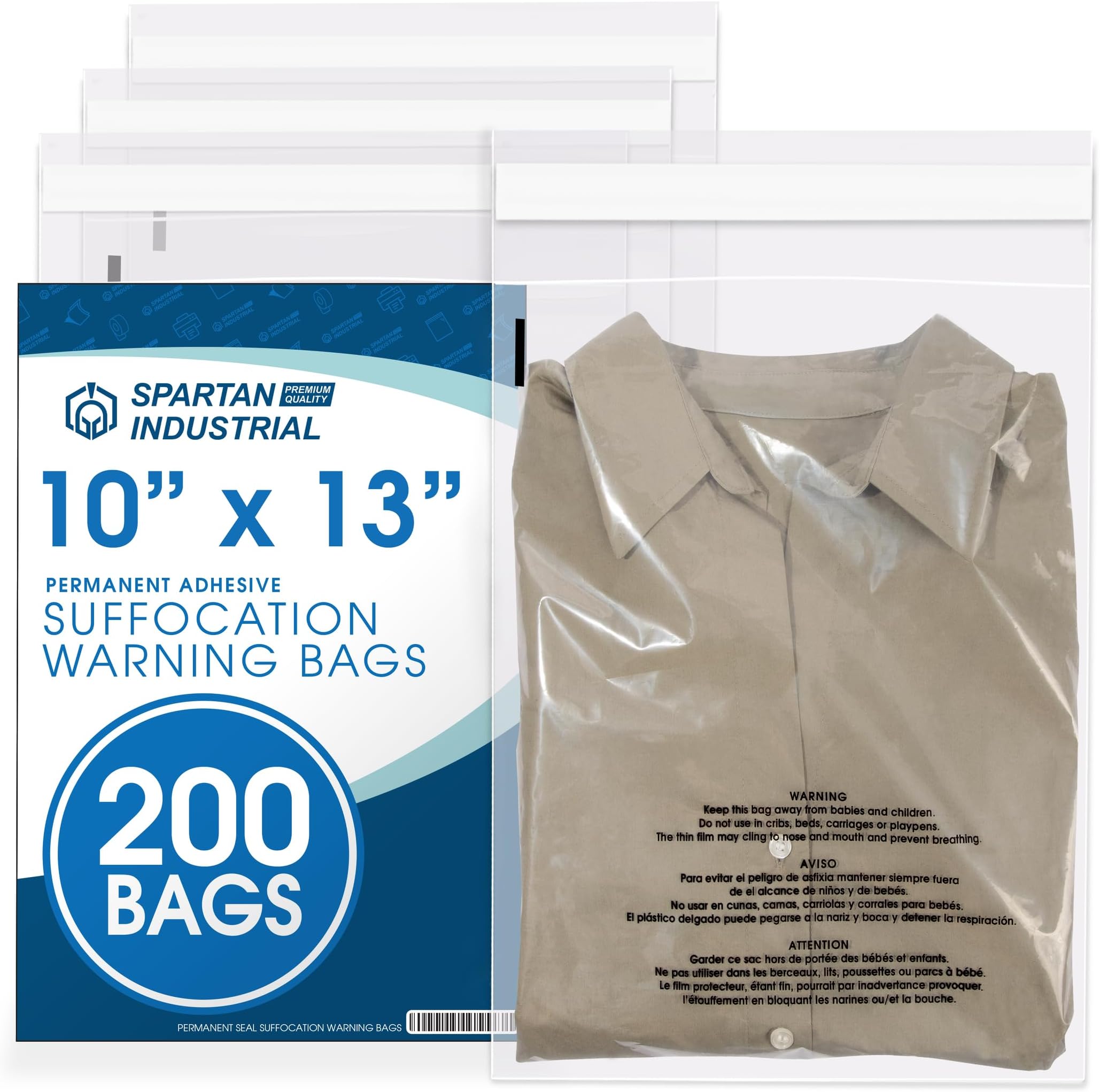 Spartan Industrial - 10” X 13” (200 Count) Self Seal Clear Poly Bags with Suffocation Warning for Packaging, T Shirts - Permanent Adhesive