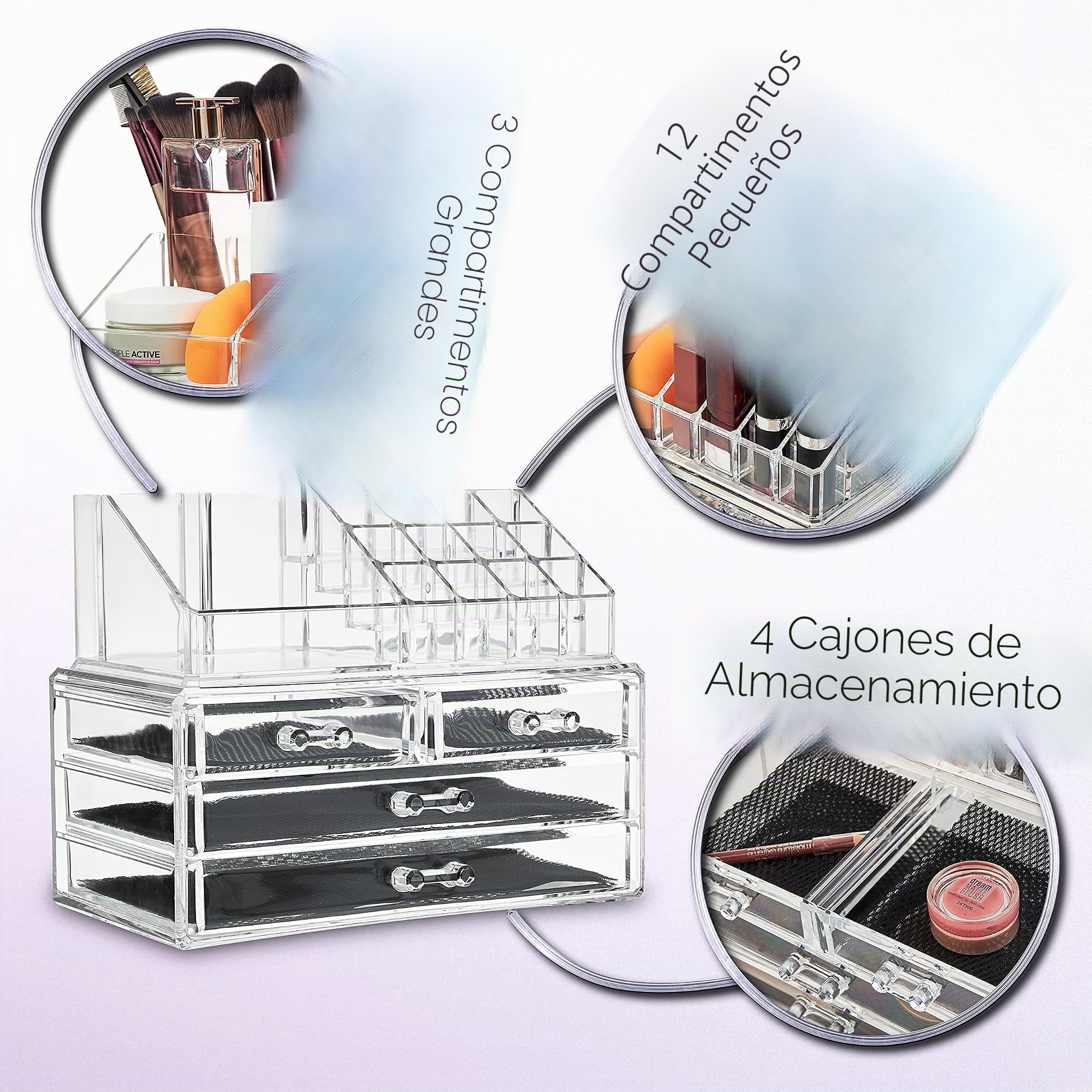 DECO EXPRESS Organizador de Maquillaje Cajones Caja Cosméticos Transparente (Large)