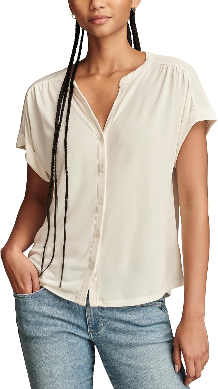 Lucky Brand Womens Sandwash Short Sleeve Button Front Top