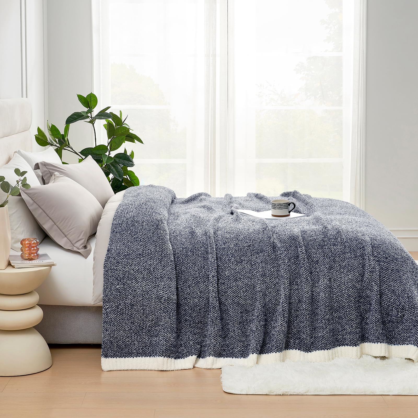 Snuggle Sac Oversized Navy Blanket, Twin XL Size for Bed | Reversible Super Soft & Cozy Knit Throw, Fuzzy Plush Fabric in Heather Navy, 66x90 inches