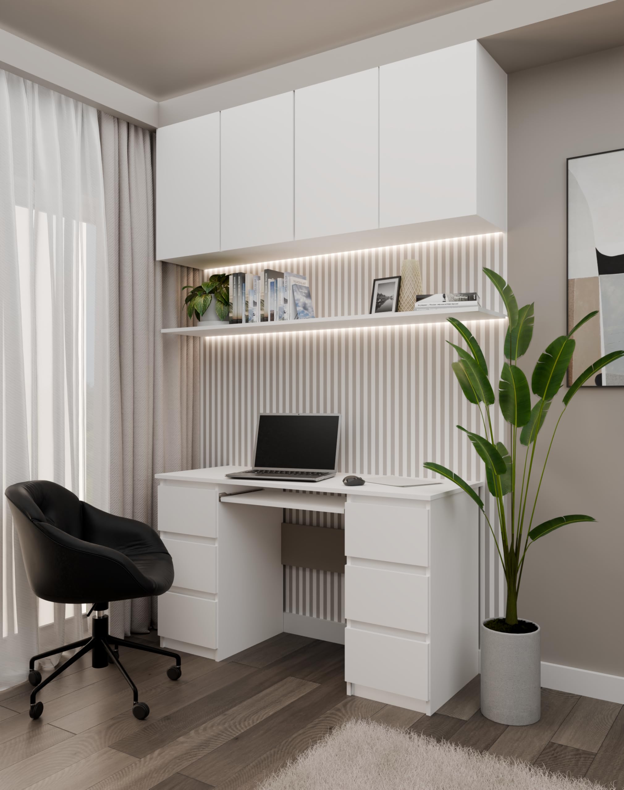 CDF Bureau avec Rangement 130x51x76 cm - Blanc Mat - 3 Tiroirs et Étagères