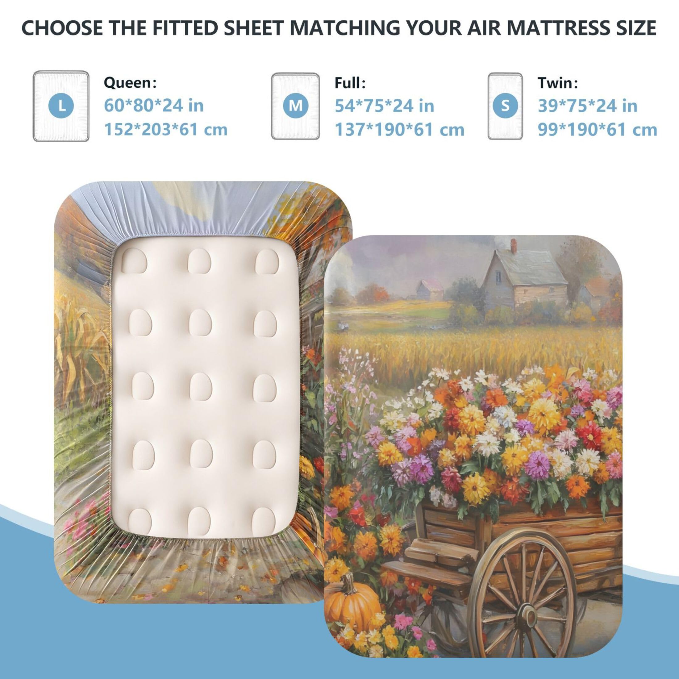 Sábana bajera ajustable de flores y calabazas para colchón de aire, bolsillo extra profundo de 24 pulgadas, funda suave y transpirable con apertura de válvula de cremallera para cama de aire