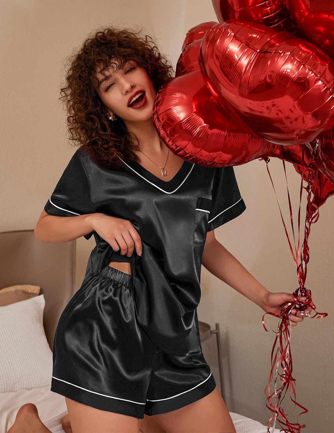 Ekouaer Silk Pajamas for Women Satin Pajama Set 2 Piece Short Sleeve Pjs Sets Soft Summer Sleepwear with Pockets Black XXL - Image 3
