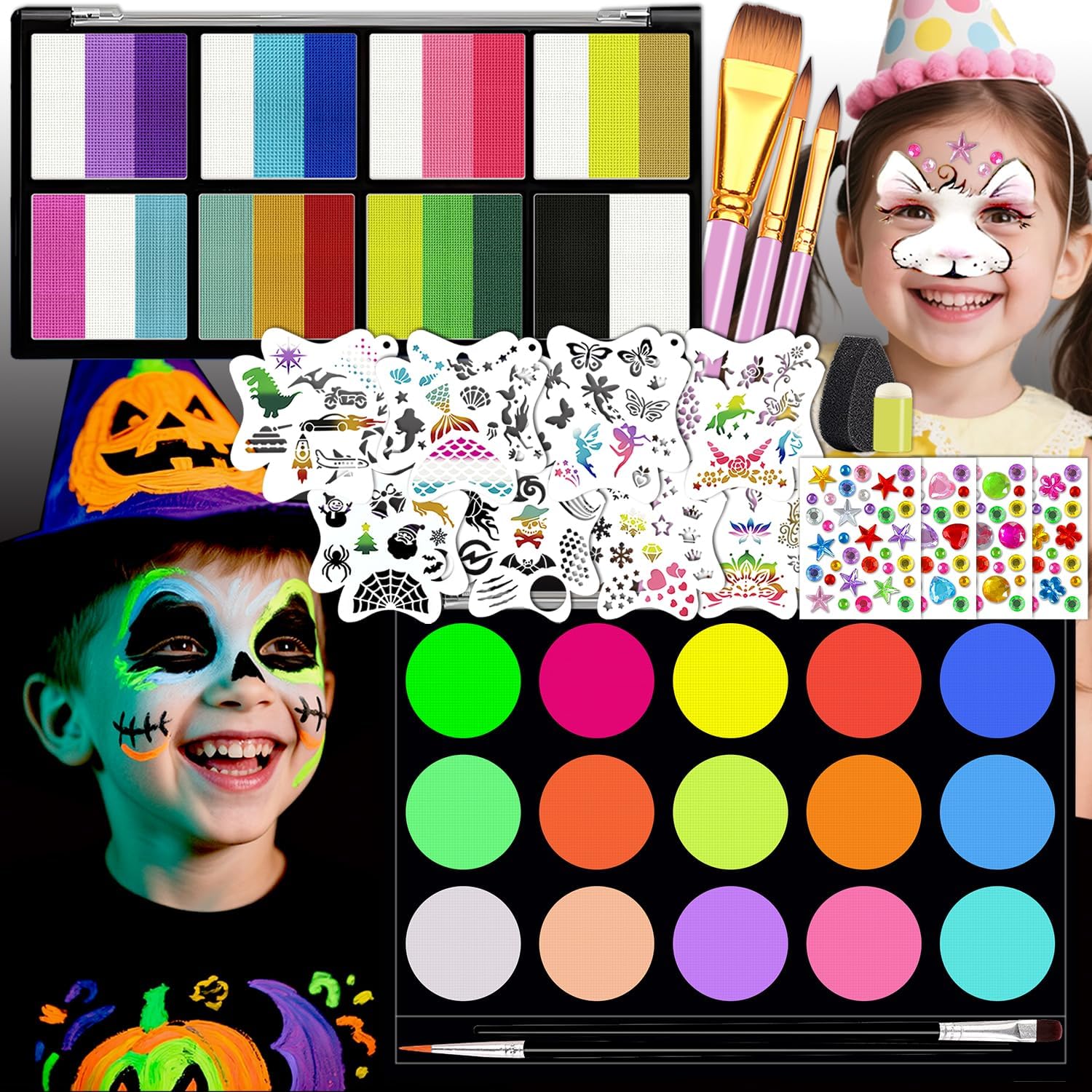 Face Painting Kit for Kids & Adults – 18 Colors + 15 UV Glow Paints, Water-Based Non-Toxic Professional Makeup with Stencils & Brushes for Cosplay, Birthday Parties, Halloween