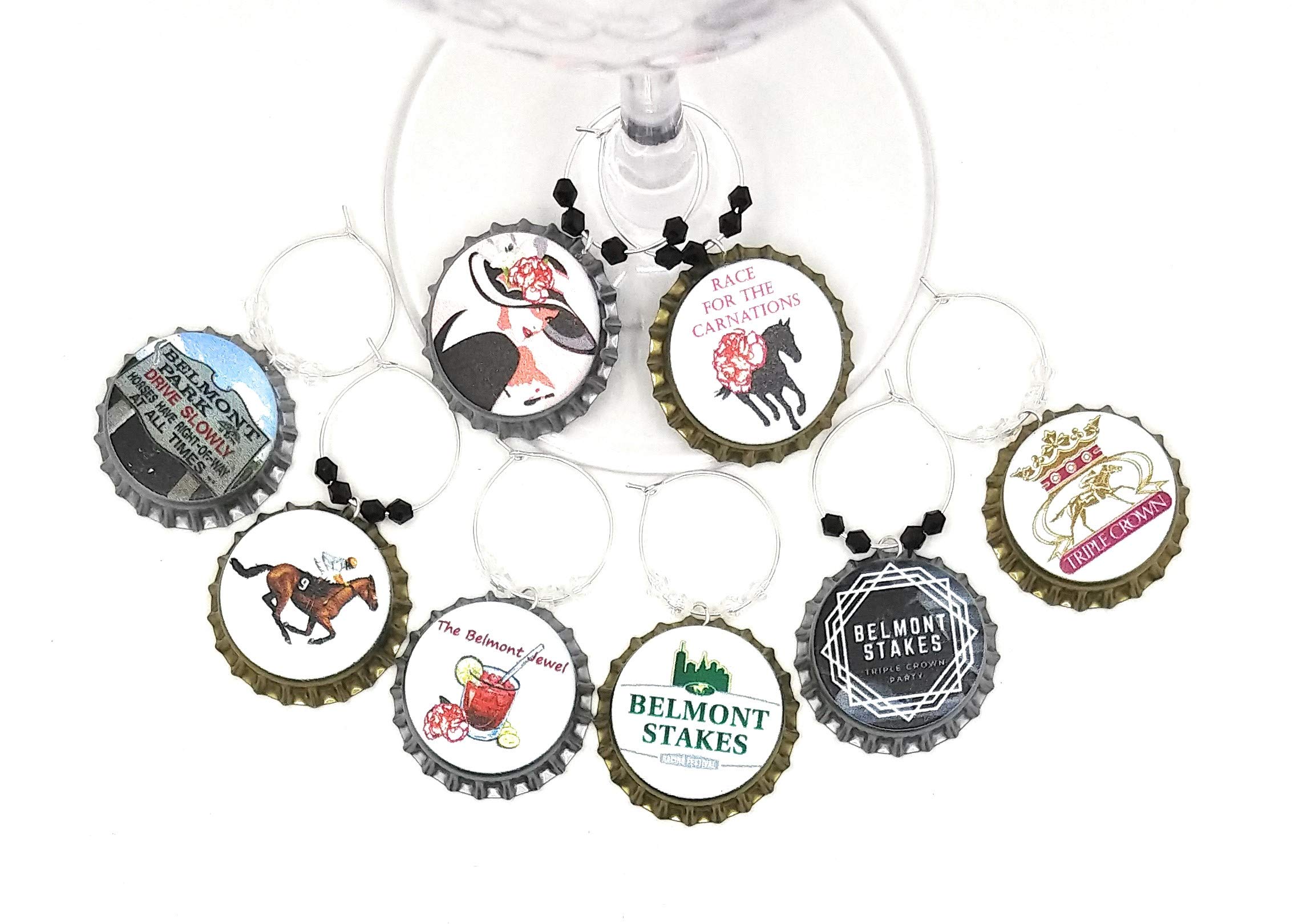 Belmont Stakes Horse Race Wine Glass Charms - Belmont Horse Race Glass Identifier Tags - Horse Wine Charms, Triple Crown Wine Charms, Bottle Cap Wine Charms - 8 Wine Charms/pack