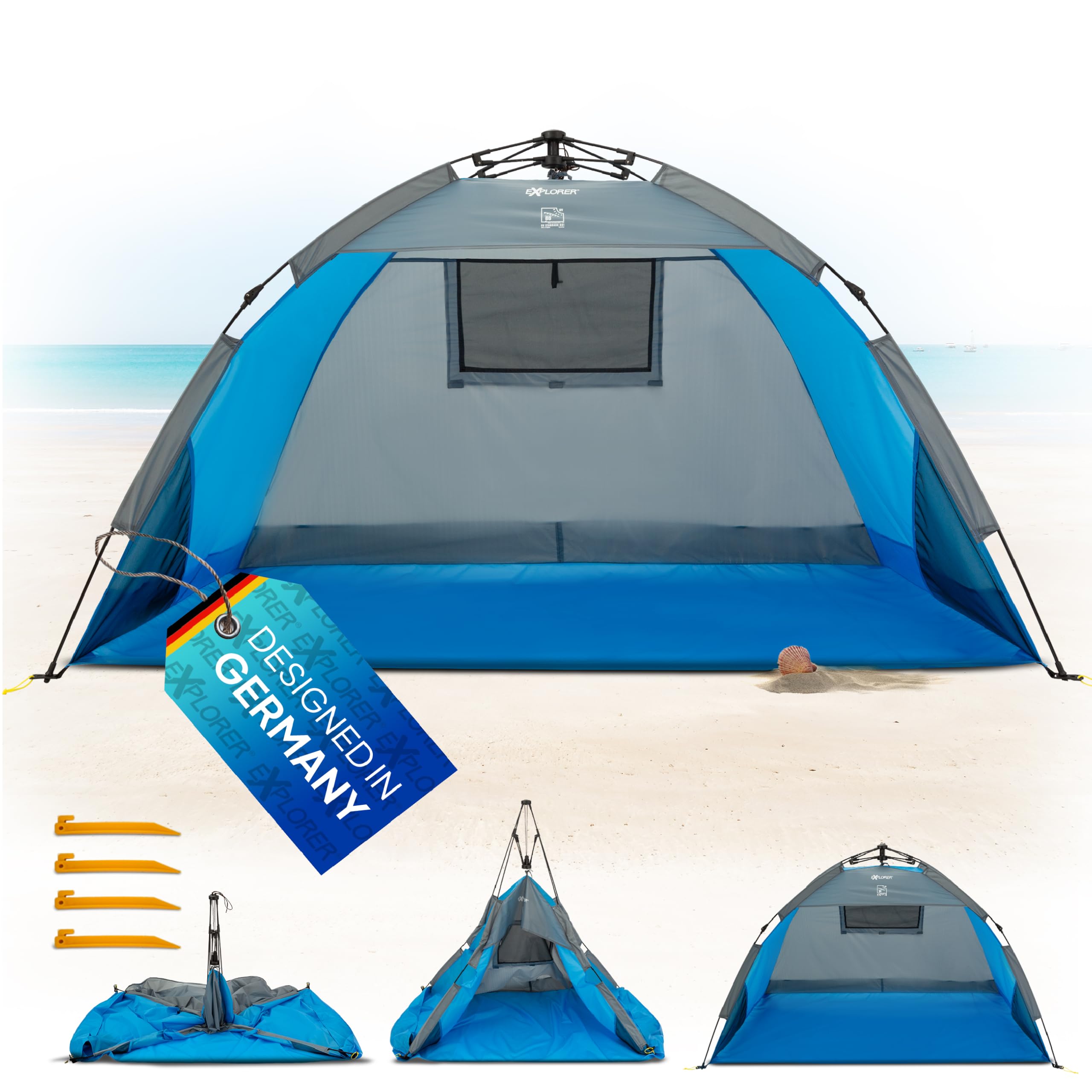EXPLORER Automatik Strandmuschel mit UV Schutz 80+ [190x100x110cm] kleines Packmaß leicht und schnell in Sekunden aufgebautes Strandzelt Sonnenschutz Muschel automatisch Windschutz blau Sport & Freizeit
