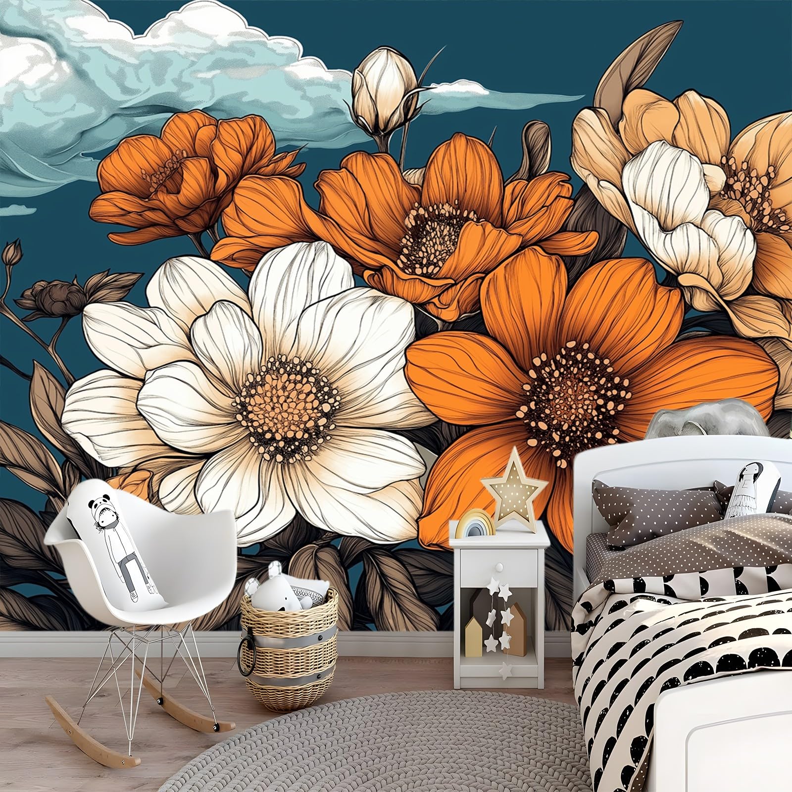 Panoramiczne Tapety Kwiaty Ręcznie Malowane Retro Tapety, Włókniny Plakat Mural 3D 300 x 210 cm, Salon Tapeta Sypialnia Pomarańczowy I Biały