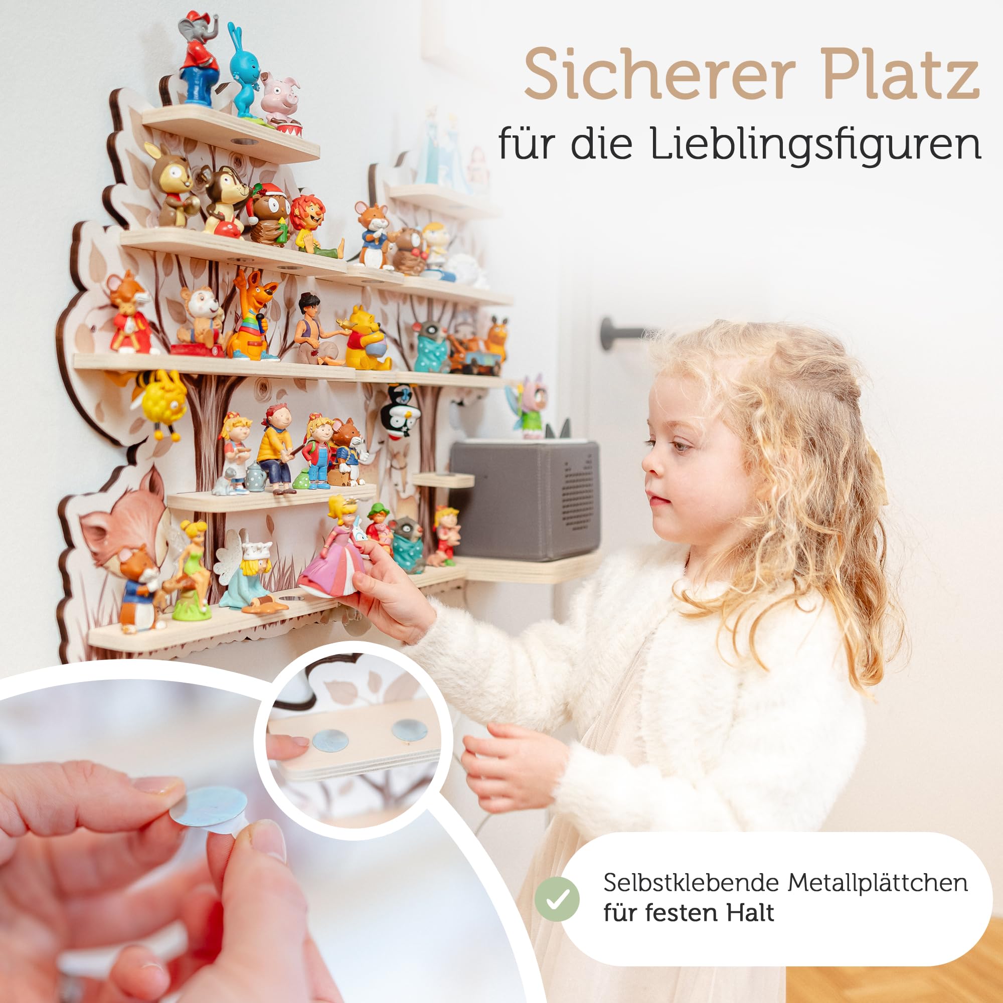 Farbklecks-Collection Musikboxregal Blumenast, Wandregal für bis zu 20 Hörfiguren, Maße 28 x 78 cm, mit speziellem Ablagefach kompatibel mit Toniebox, handgefertigt in Deutschland
