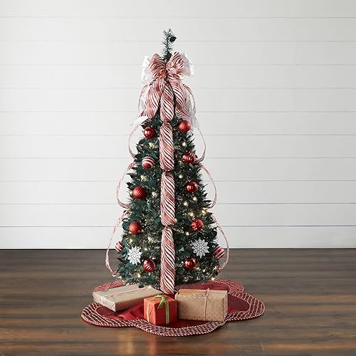 BrylaneHome Árbol de Navidad emergente preiluminado de 412 pies totalmente decorado, rojo y blanco
