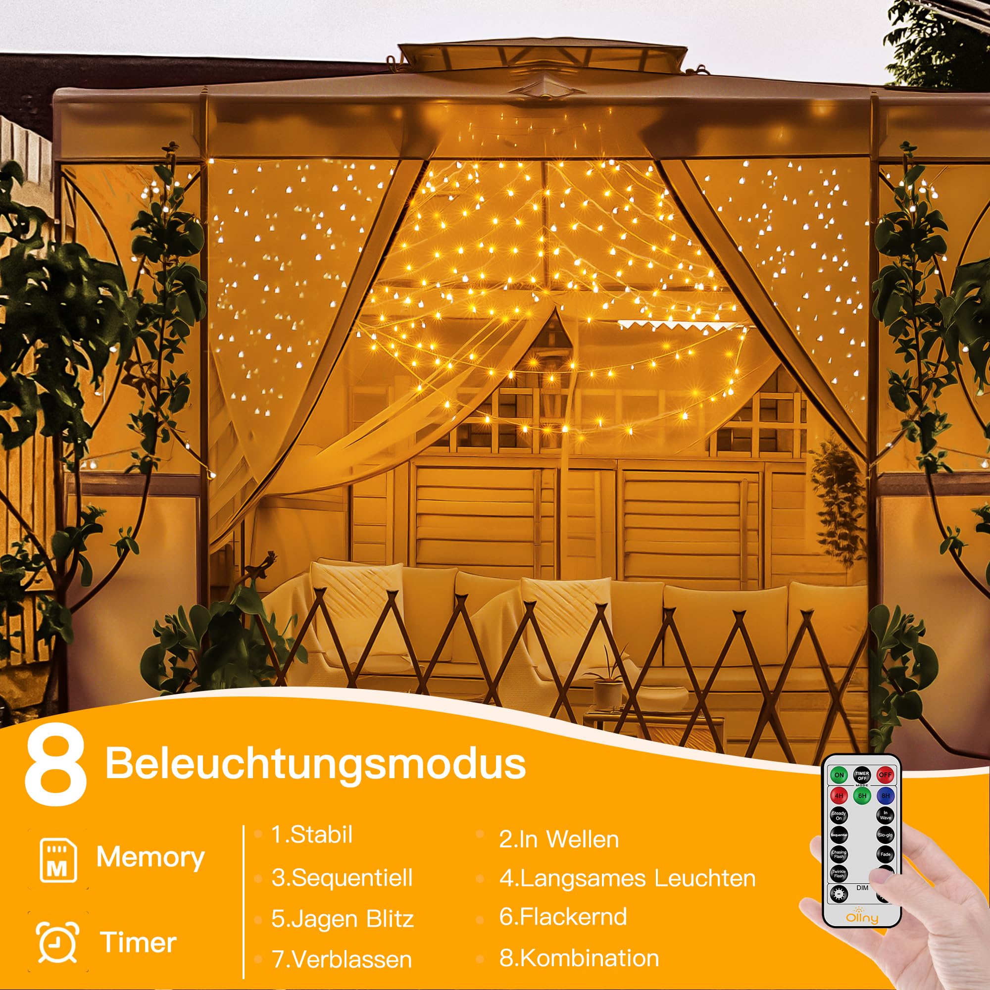Ollny Catena Luminosa di Natale 800 LED 80m, Luci Stringa Fata luce Impermeabile con 8 modelli di illuminazione per Interno ed Esterno, Feste, Matrimoni, Albero y Giardino Decorazioni, Bianco Caldo