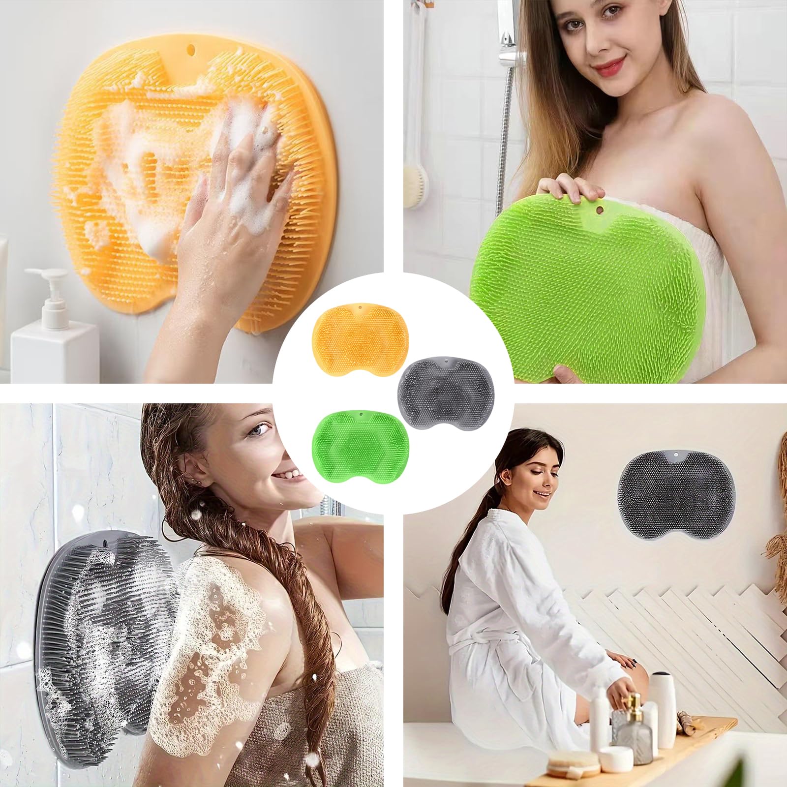 Lot de 3 tapis de brosse pour pieds de douche, 29 x 22 cm, en silicone antidérapant, massant les pieds, convient pour la salle de bain, les voyages d'affaires (jaune + gris + vert)