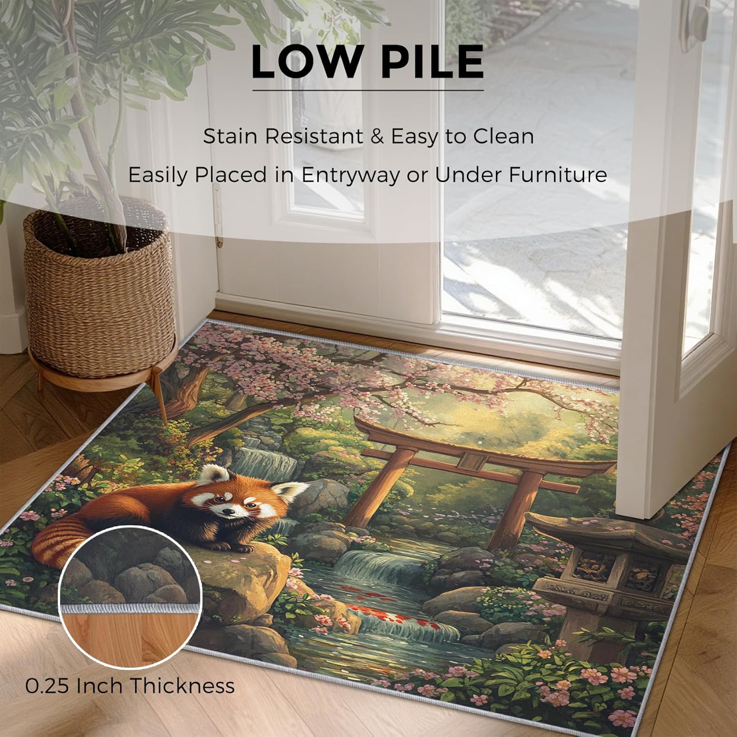 2x3 Red Panda Throw Rugs for Entryway, Washable Japanese Torii Pattern Indoor Door Mat, Bedroom Kitchen Entrance, Non Slip Soft Thin, Japanese Landscape Decor Small Area Rug PF-P 5