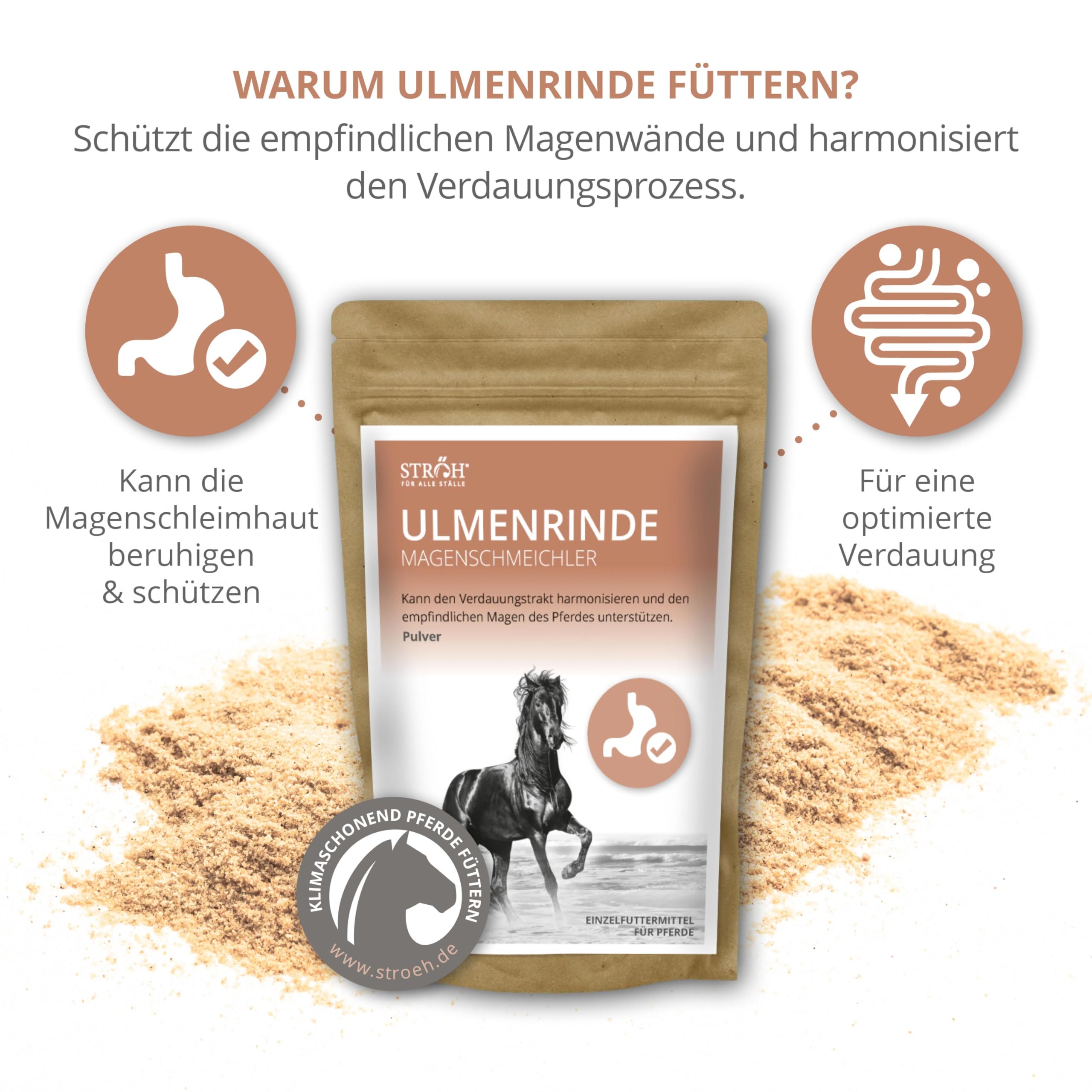 STRÖH Ulmenrinde Pulver für Pferde (300g) • Natürliche Unterstützung für Magen und Darm • Fein gemahlen • Magenschmeichler Pferd • Zusatzfutter Pferde • Naturprodukt+C11:E11