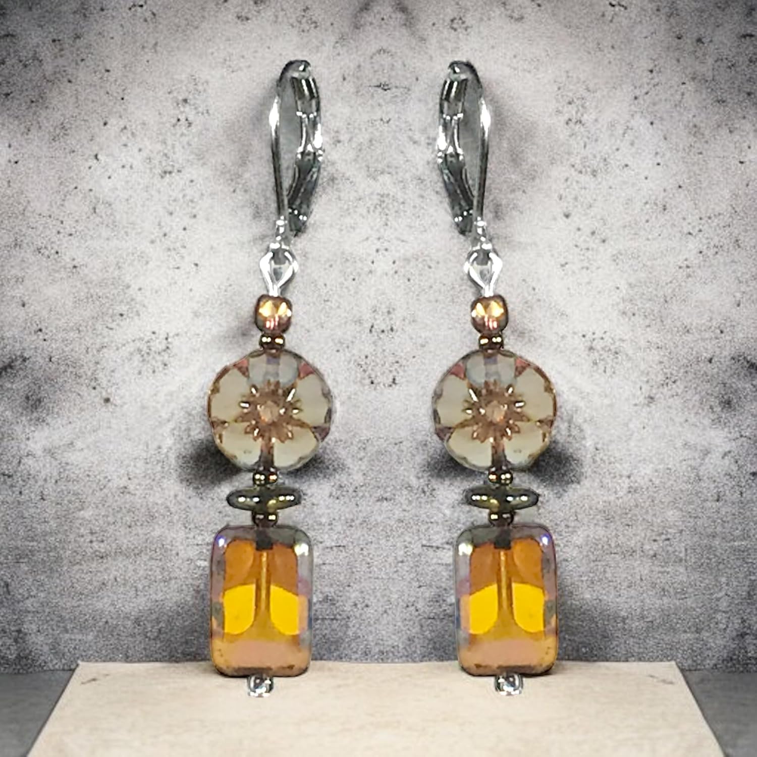 CariCat Designs Boho Chic Handmade Marbled Golden Yellow with Vintage Wash Light Blue Czech Glass Flowers Drop Dangle Earrings - French Wire Lever Backs