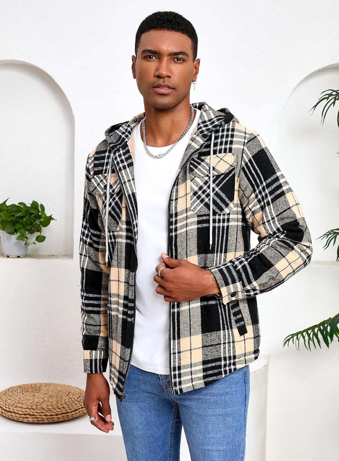Men's Full Zip Sherpa Lined Flannel Jacket Fleece Hooded Plaid Jacket with Hood for Men - Image 3