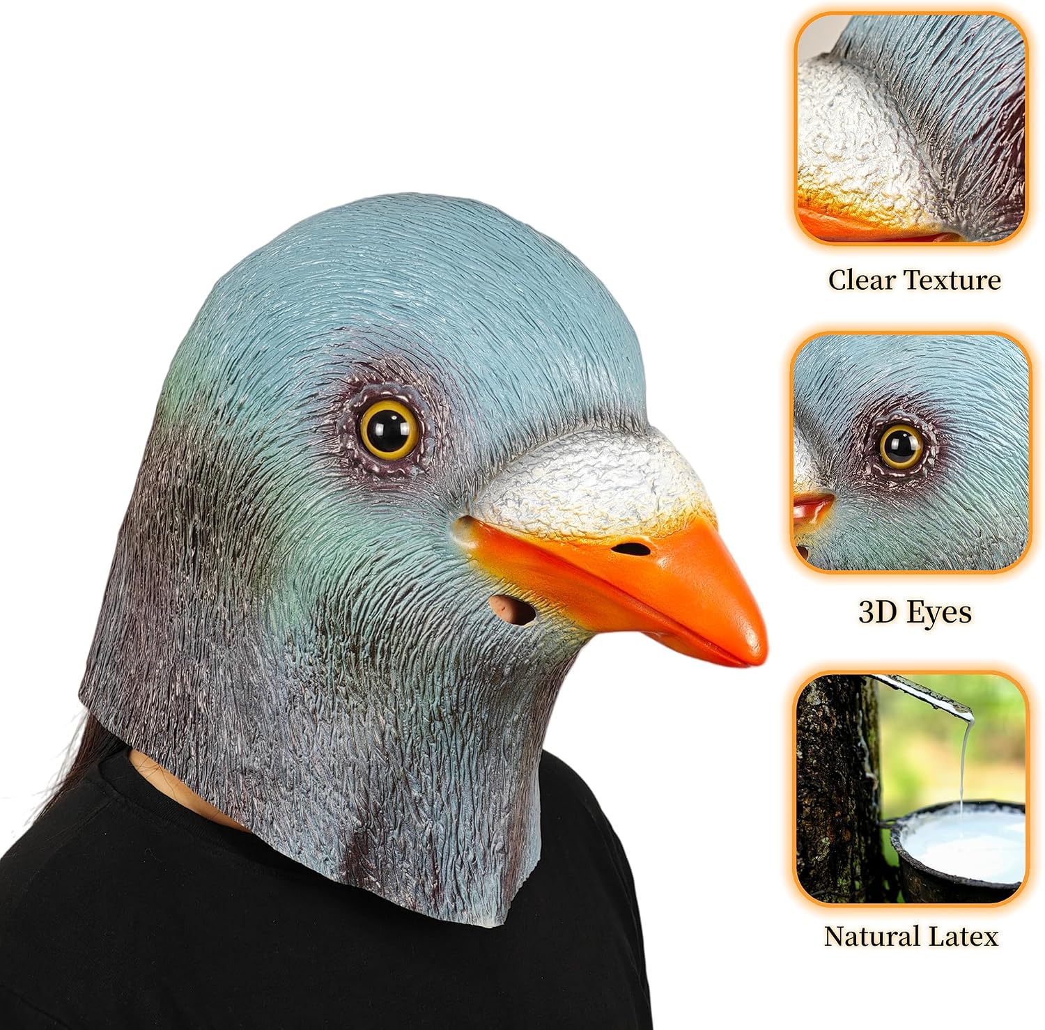 Colorful Pigeon Mask, Full Head Bird Masks for Adult, Natural Latex Material, Large Space Size, 3-D Eyes,Suitable for Halloween Costume and Masquerade Parties