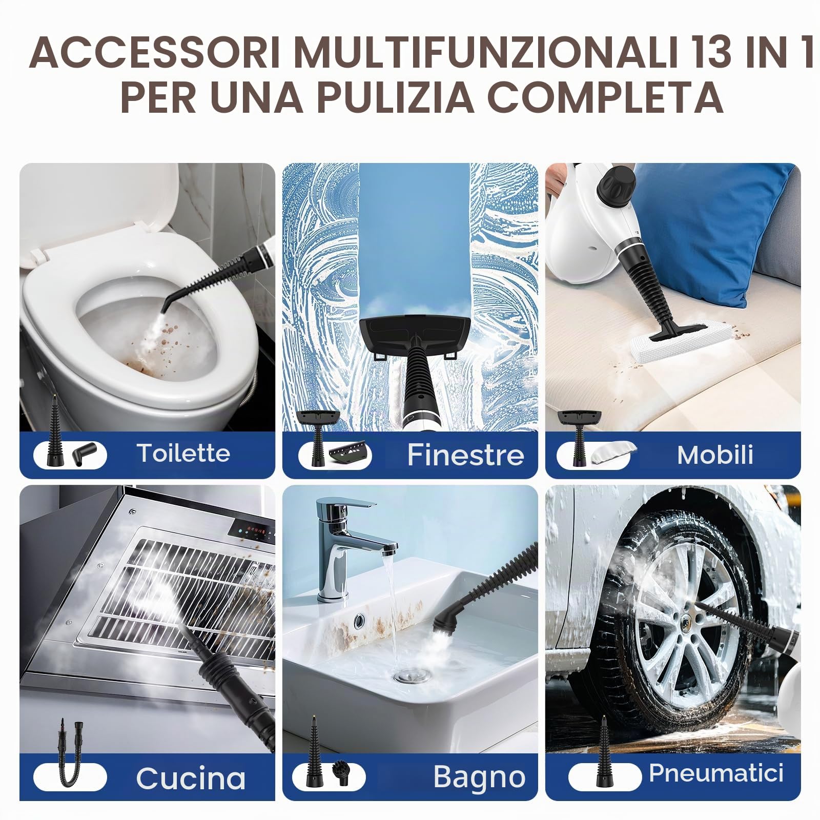 LABIGO Pulitore a vapore, pressurizzato portatile, 13 pezzi, multiuso, naturale, per pulizia profonda, vapore portatile per la pulizia di casa, malta, cucina, auto, finestre, tappezzeria, bagno e