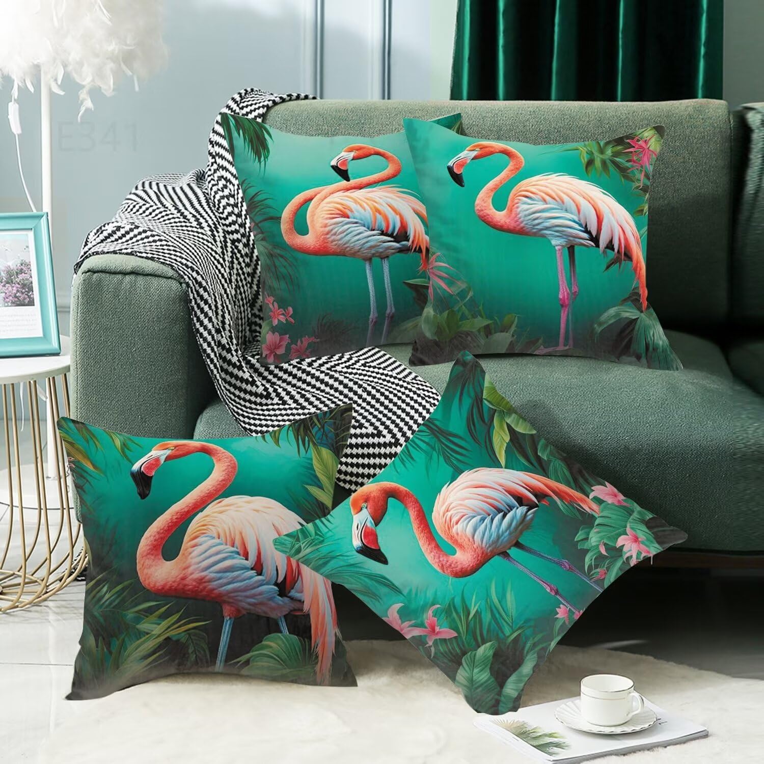 Verde Federe Cuscini Divano 65x65cm,4 Pack Gru coronata rossa Estate Esterno Cuscini per Divano,Doppio Lato Quadrato Morbido Cuscini Divano,per Divano Soggiorno Sedia Autunno Dekoration Cuscino LY-341