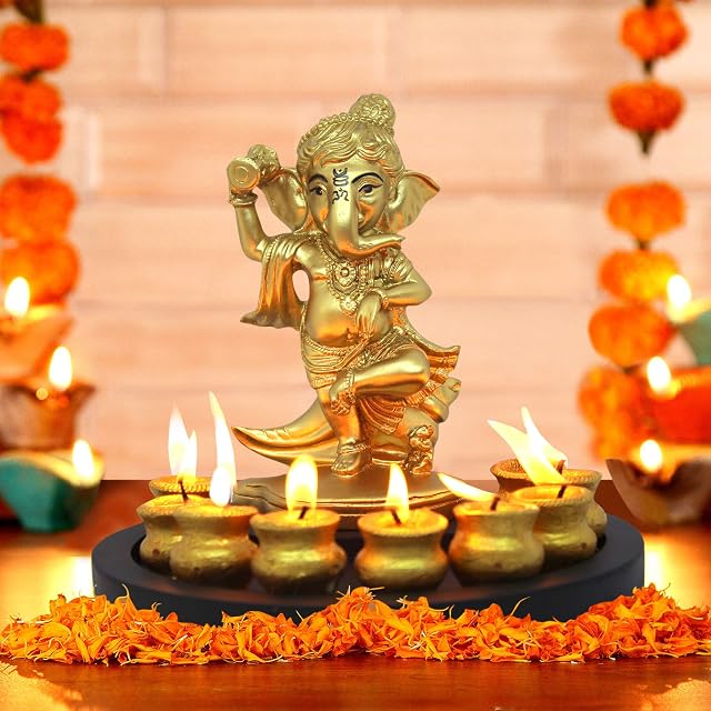 TIED RIBBONS Lord Ganesha Statue with Wooden Tray for Home Living Room Bedroom Decoration (17 cm X 19 cm, Golden)