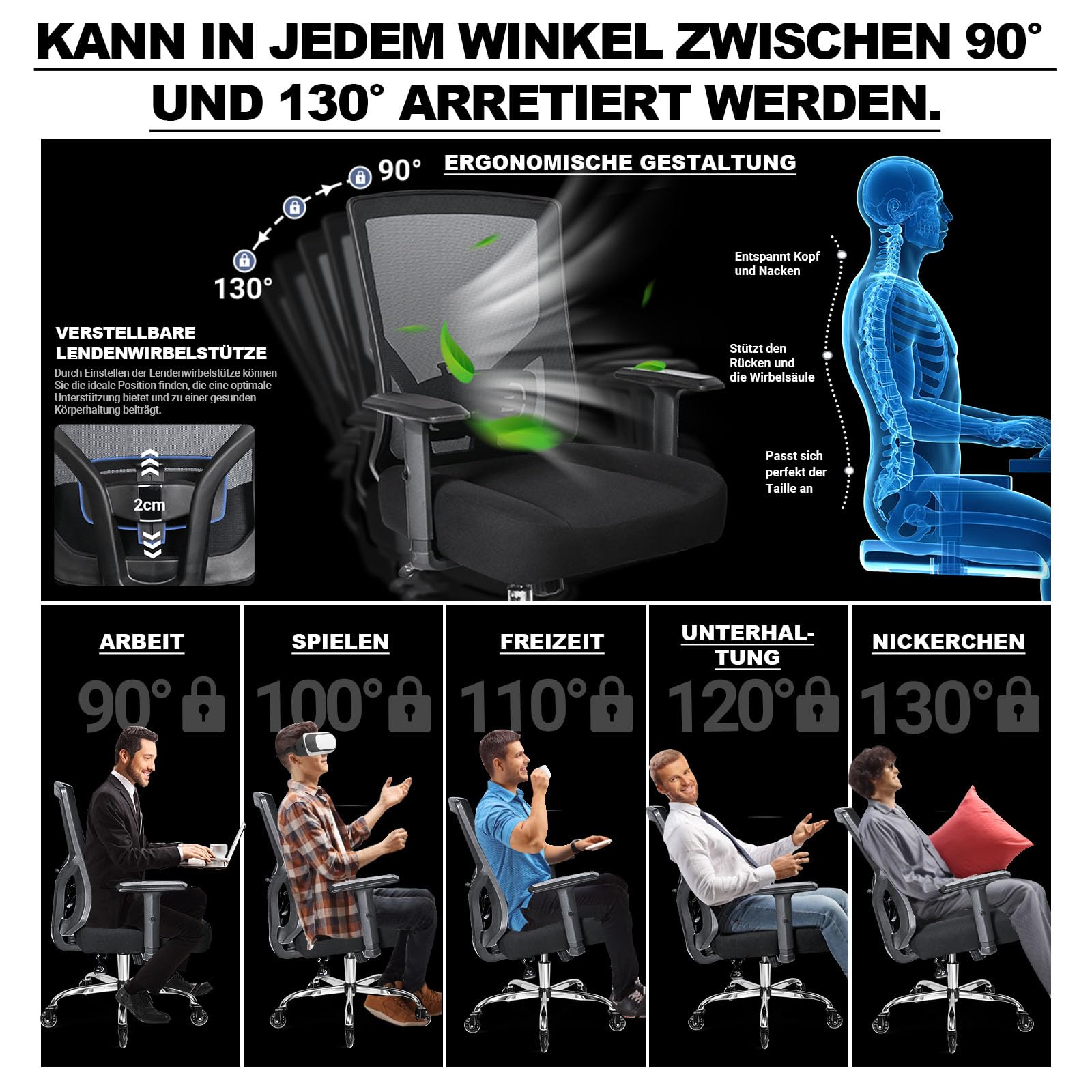 MELOKEA Bürostuhl 200KG XL [Lendenkissen Inklusive], Bürostuhl Ergonomisch | Breites & Dickes Federkern-Sitzkissen, Gummirollen,Verstellbare Lendenwirbelstütze, Stufenlose Neigungsfunktion, Home Office