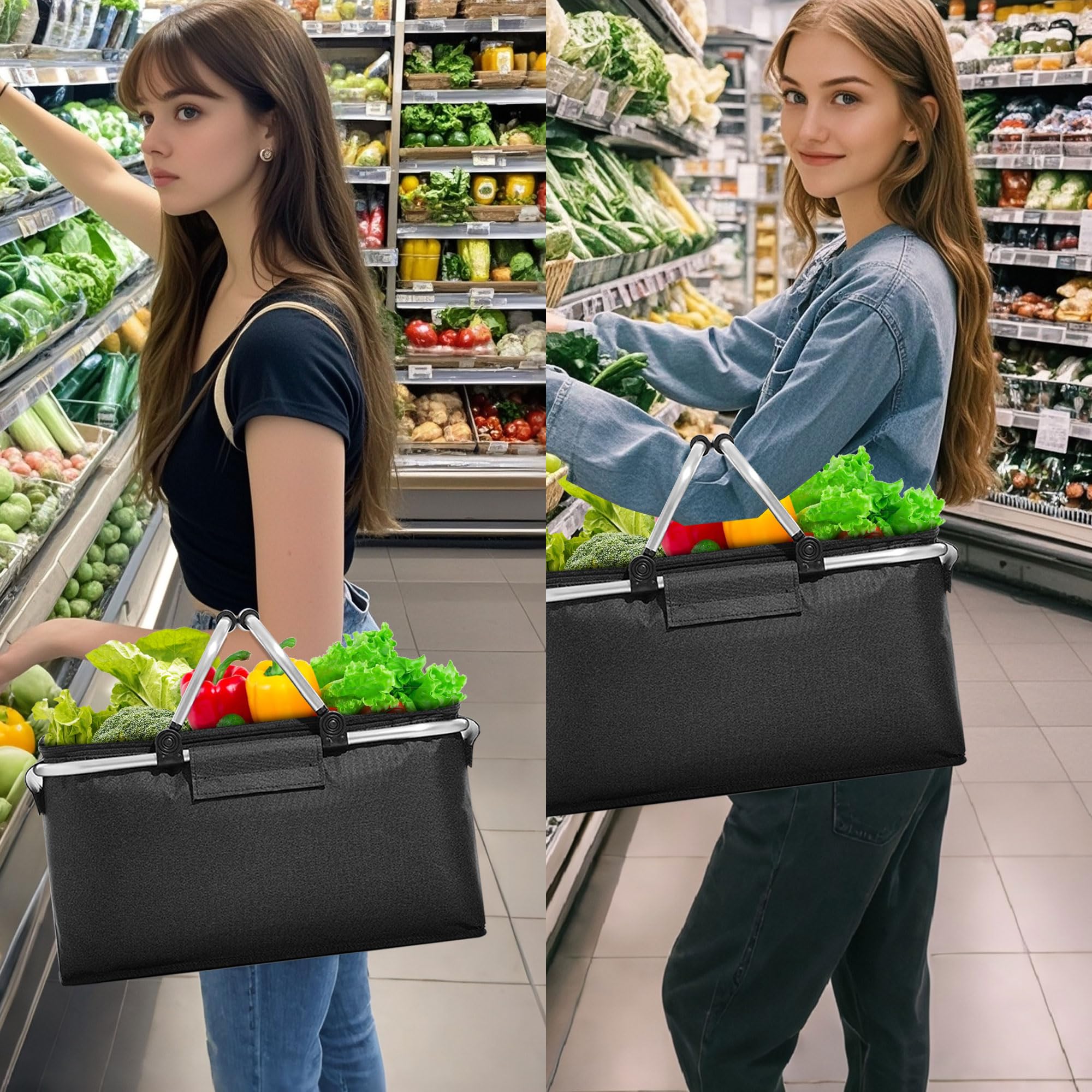 Panier à Provisions Pliable 25 L - Avec Poignées Rembourrées, Noir, Idéal Pique-nique, Courses, Voyage