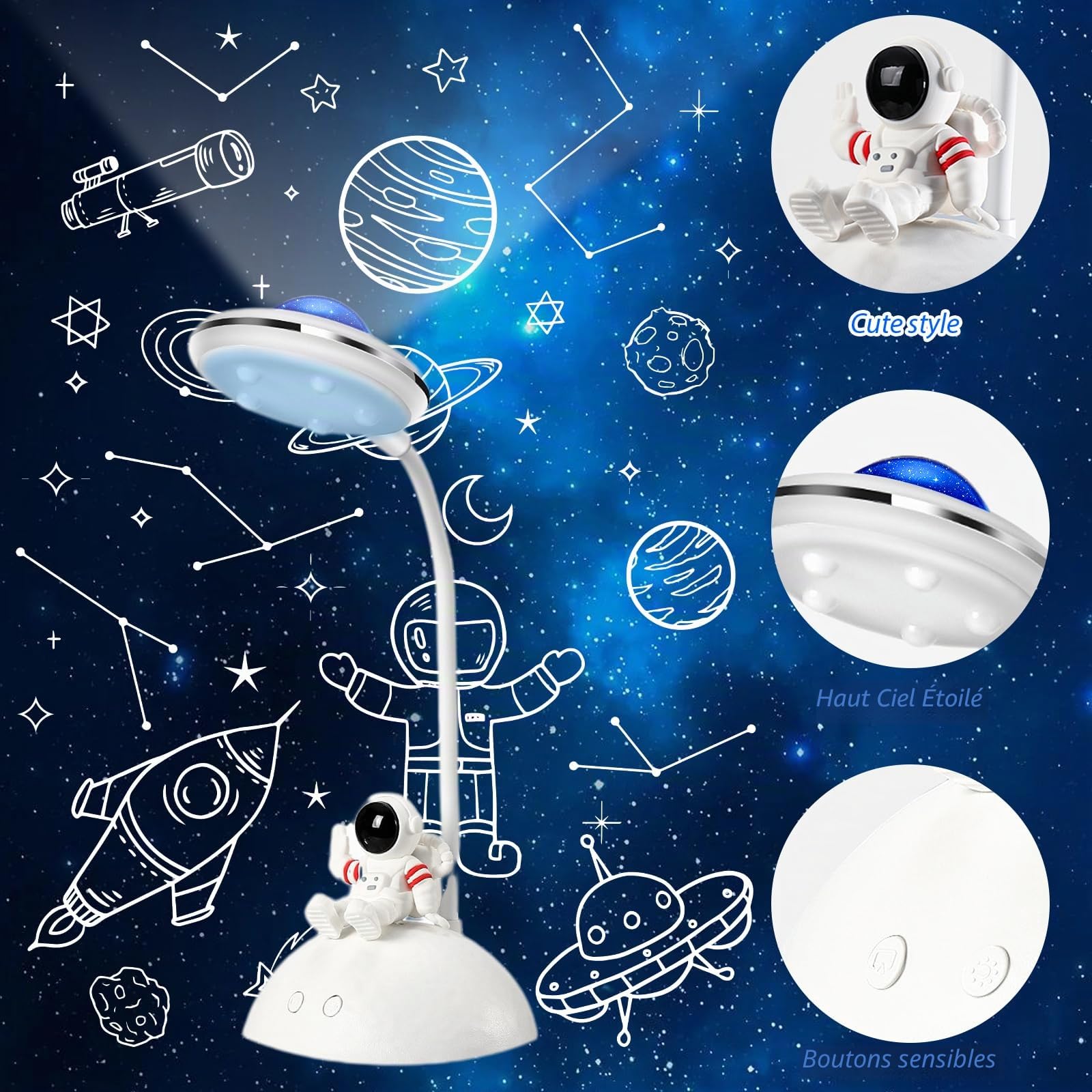 Lampe de bureau pour enfants - Astronaute - LED - Avec support pour téléphone portable et projection - Niveau de luminosité variable - Rechargeable - Protection des yeux - Lampe de lecture