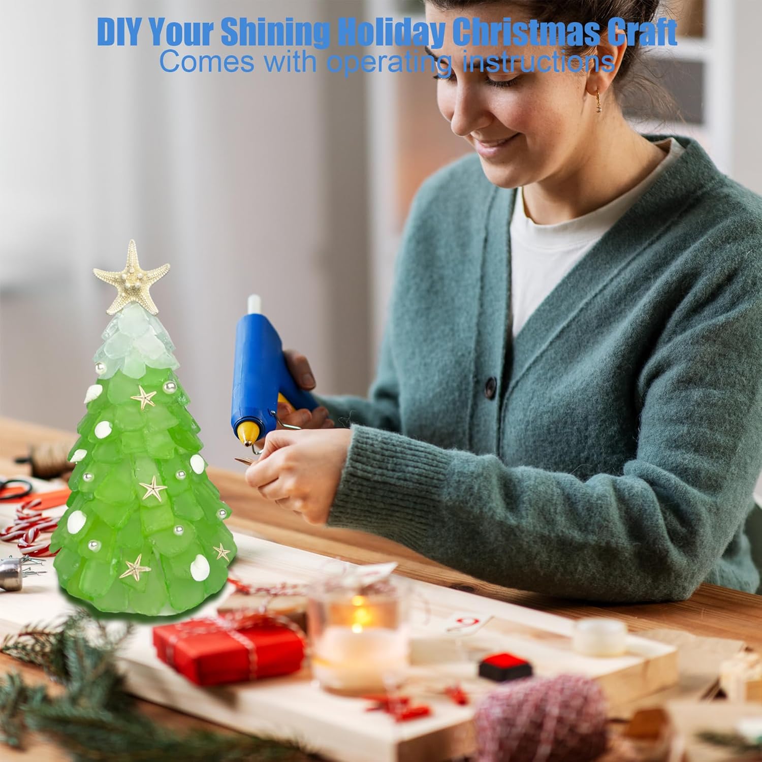 WECKLOM Christmas Tree DIY Kit Sea Glass Pieces for DIY Crafts Christmas Craft DIY Christmas Tree Lights Lamp Christmas Ornament Crafts (Green + White)