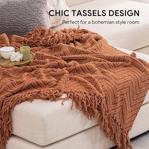 Miniatura 2 de RECYCO Manta de punto de chenilla, manta de punto texturizada con borlas, decorativa y cálida, manta tejida suave para sofá y cama, naranja quemado,