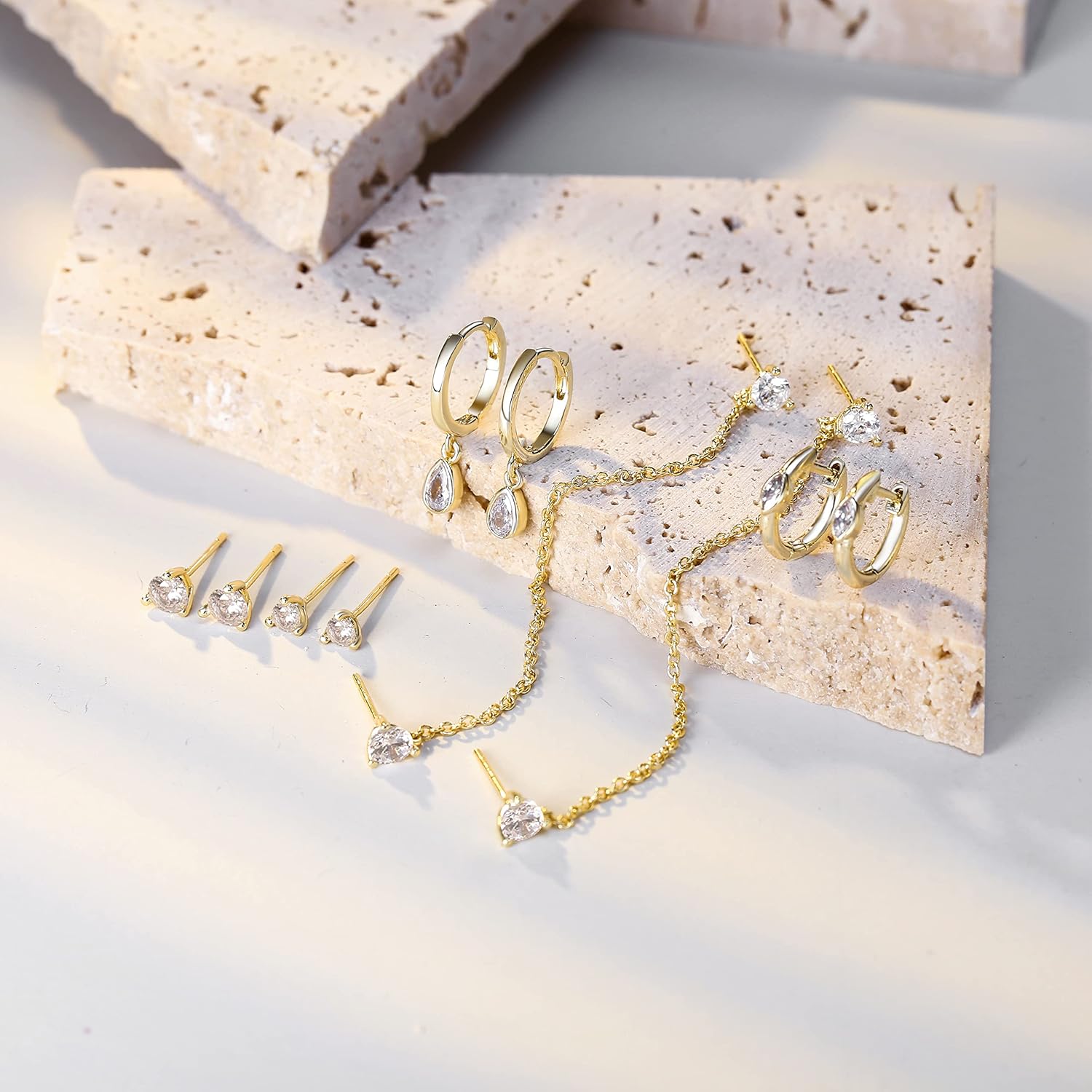 FANZE 5PCS Cubic Zirconia Stud Earrings Gold Sliver Chain Hoop Earring Sets for Women Hypoallergenic Dainty Jewelry for Multiple Piercing - Image 4