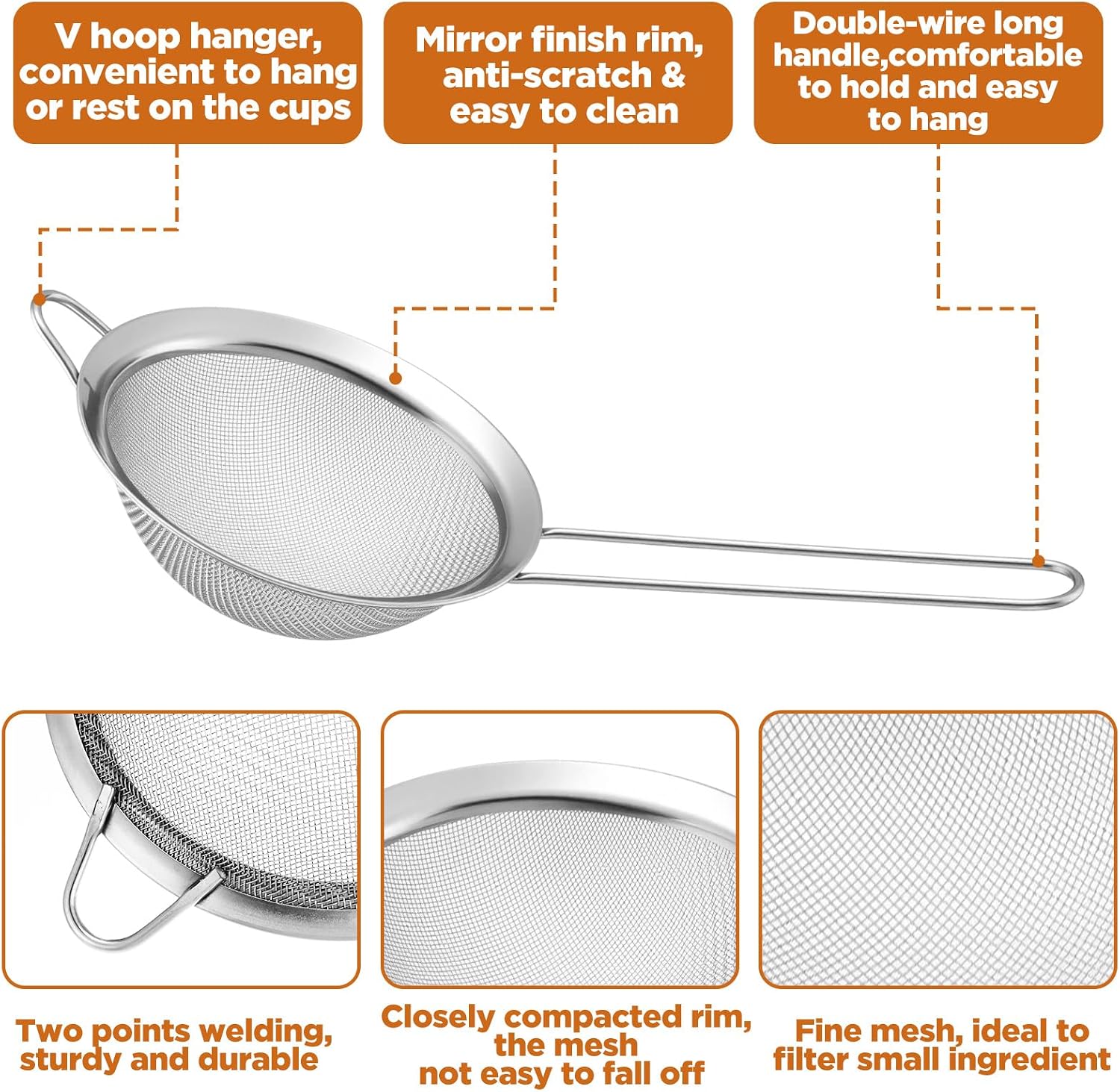 9 Packs 8.8 x 3.9 Inches Stainless Steel Fine Mesh Strainer Small Cocktail & Tea Strainer with Handle for Coffee, Juice, Powdered Sugar