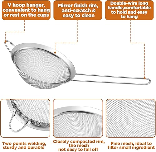 Miniatura 3 de 9 paquetes de colador de malla fina de acero inoxidable, colador pequeño para cóctel y té con asa para café, jugo, azúcar en polvo, 8.8 x 3.9