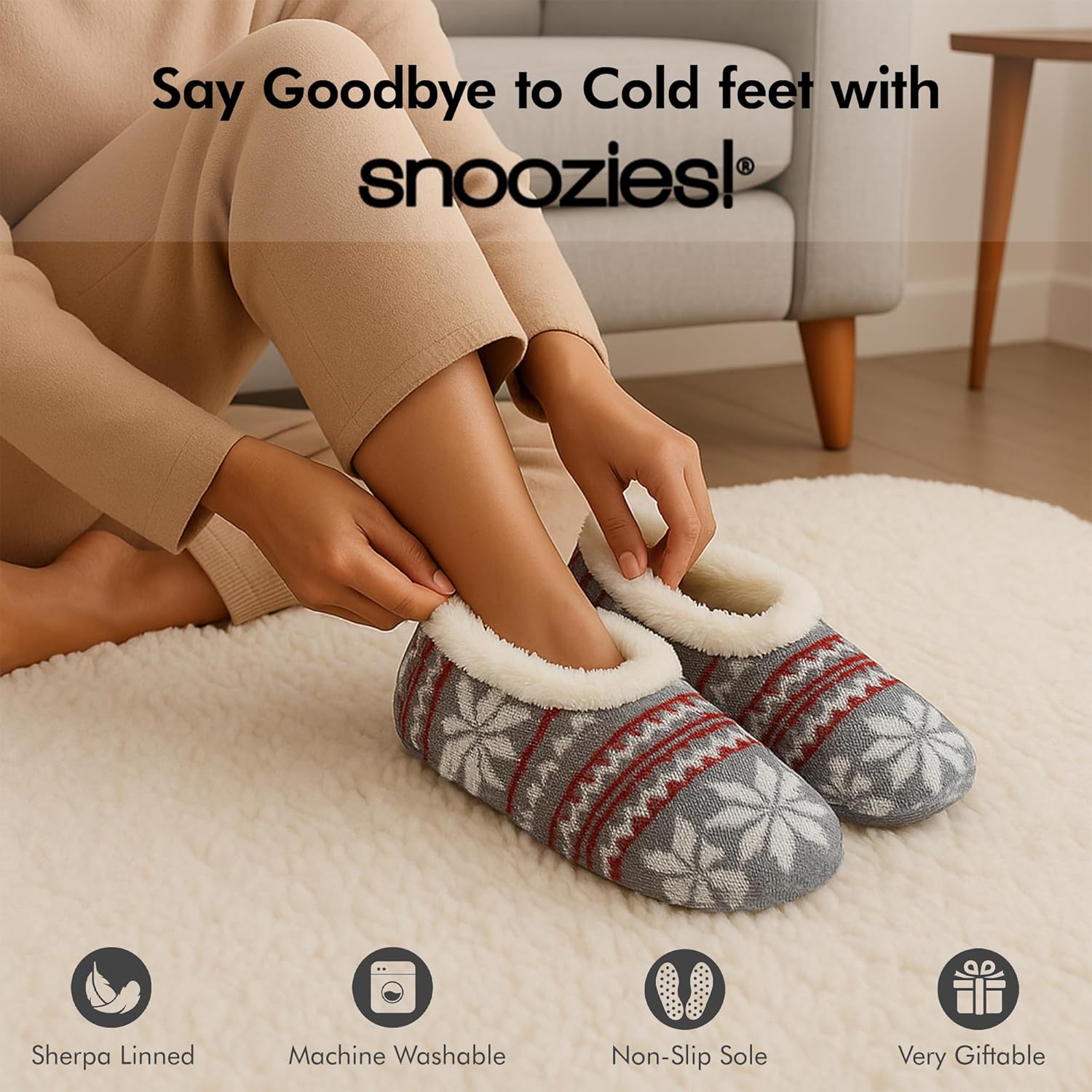 Snoozies Norwegian Knit Slippers for Women with Memory Foam Insole and Soft Sherpa Lining, Slipper Socks with Grips for Women - Image 3