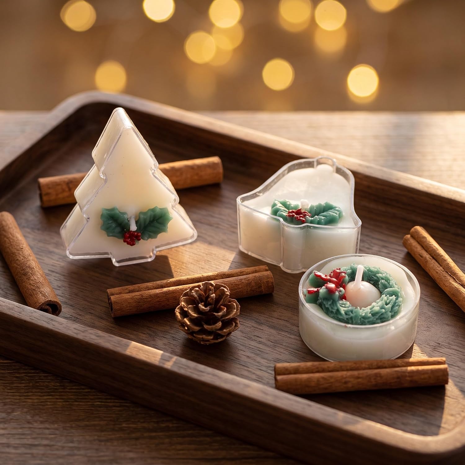 3pcs Christmas Tealight Candles Xmas Tree Bell Round Wreath Set