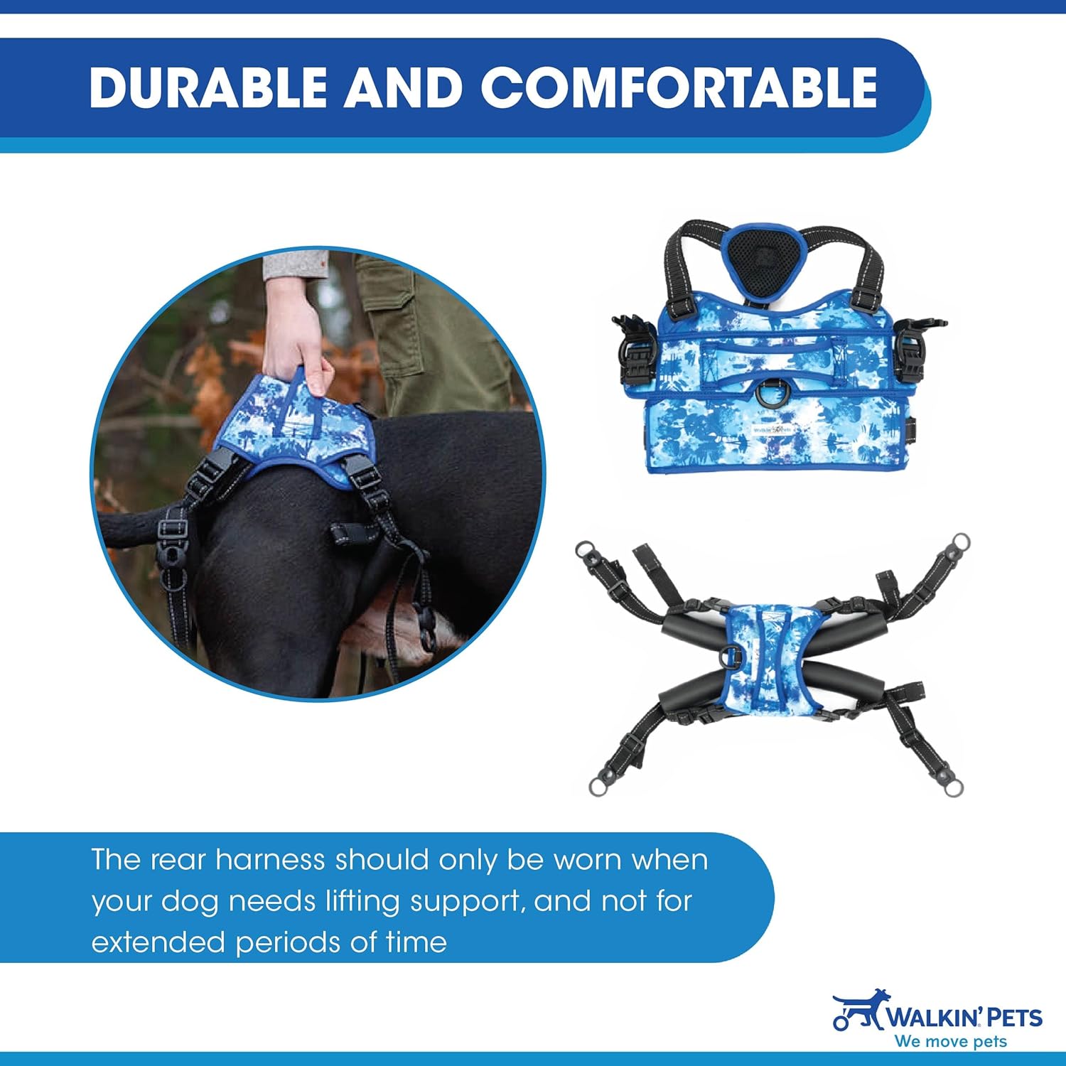 Walkin’ Buddy Up Rear Harness for Dogs, Hind Legs Support for Dogs, Large, 65-95 Lbs, 22-27 Inches Abdomen Girth - Blue Tie-Dye