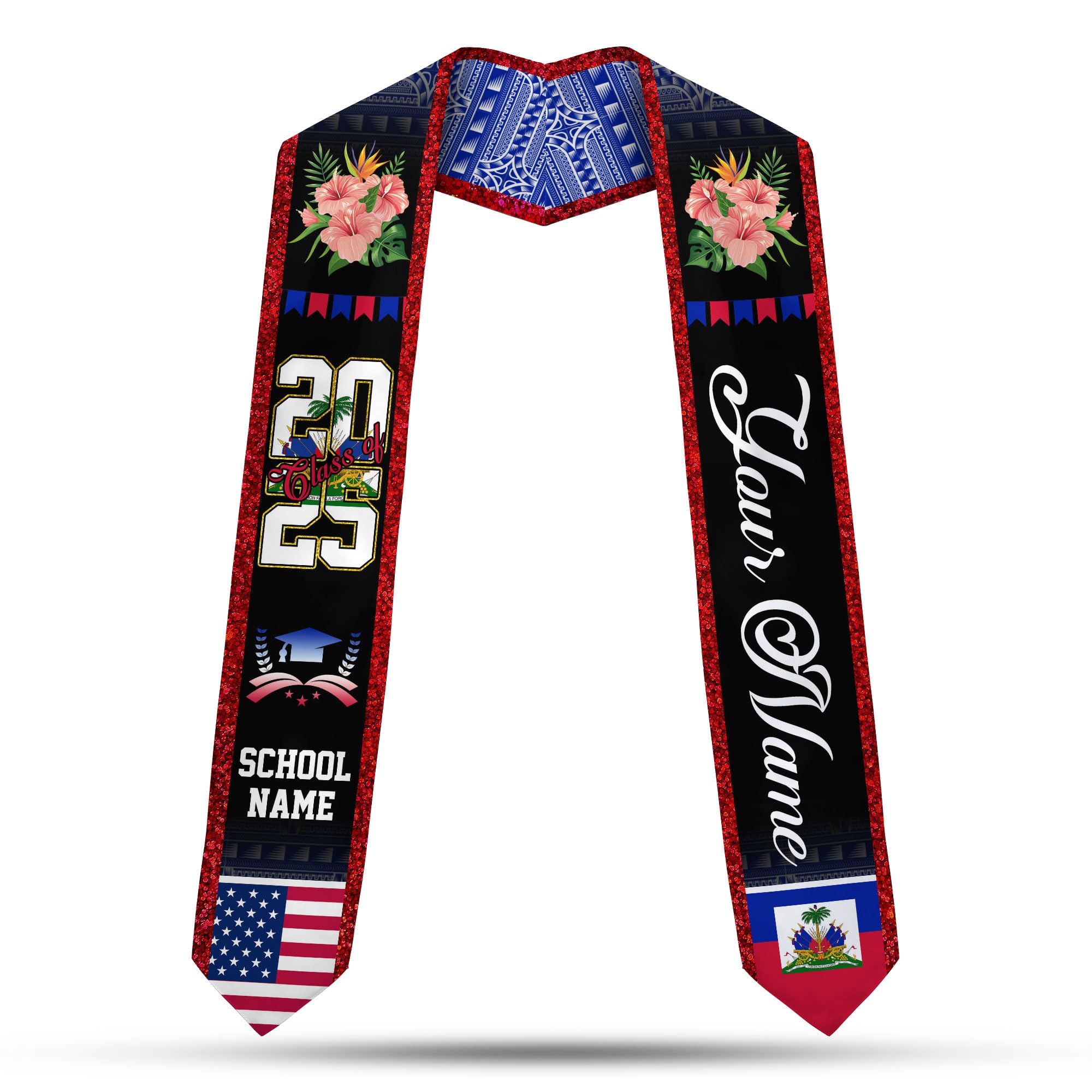 MonkeyVan Custom Haitian Graduation Sash 2025,Personalized Haiti Flag Graduation Stole,Haitians American Flag Graduation Sash S45