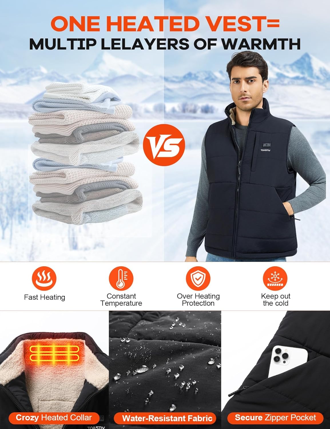 Toastiv Heated Vest for Men with 20000mAh 7.4V Battery Pack,Warming Fuzzy Fleece Lined Men's Heated Electric Vests Jacket - Image 6
