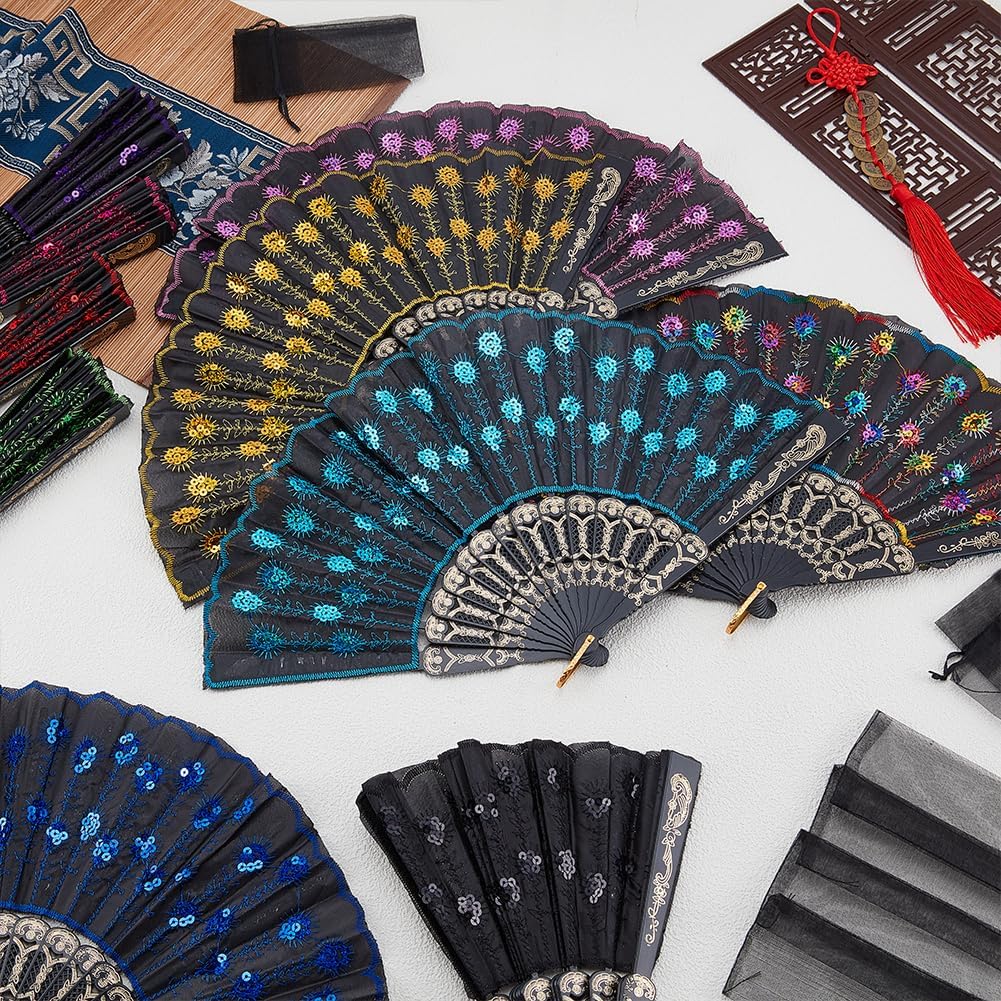 30Pcs Peacock Hand Fans, Sequin Folding Hand Fan with 30Pcs Organza Packing Drawstring Bags Handheld Lace Decoration for Party Dancing Wedding and Home Decor, 9.1x1x0.9inch, 10 Color