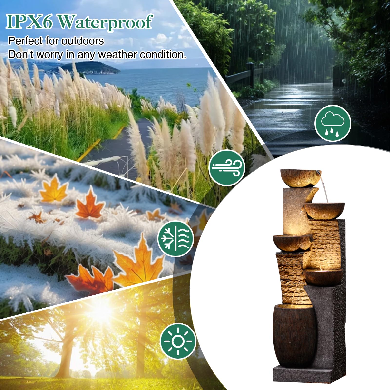 Bumilgar 130cm Großer Gartenbrunnen Springbrunnen für Außen mit LED Beleuchtung, 5-stufiger Wasserspiel Wasserfall Brunnen für Garten,Balkon,Terrasse,Grau