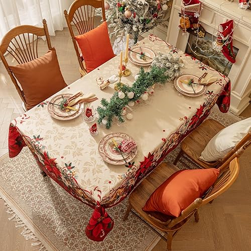 Miniatura 8 de Softalker Christmas Jacquard Tablecloth Rectangle, Floral Table Cloth with Christmas Red Poinsettia Flower Patterns for Dining Room &amp; Holiday