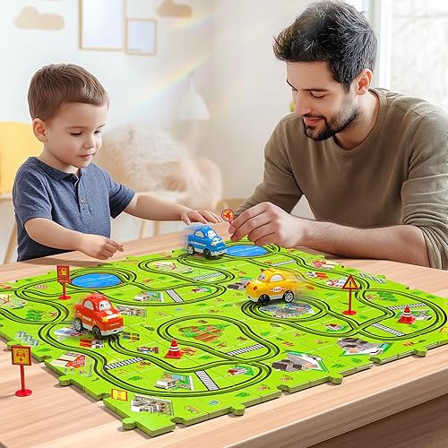 Miniatura 9 de Juego de 64 piezas de coches de carreras de rompecabezas para niños de 3, 4, 5, 6 años, pistas de rompecabezas para niños de 3 a 5 años con 3 autos